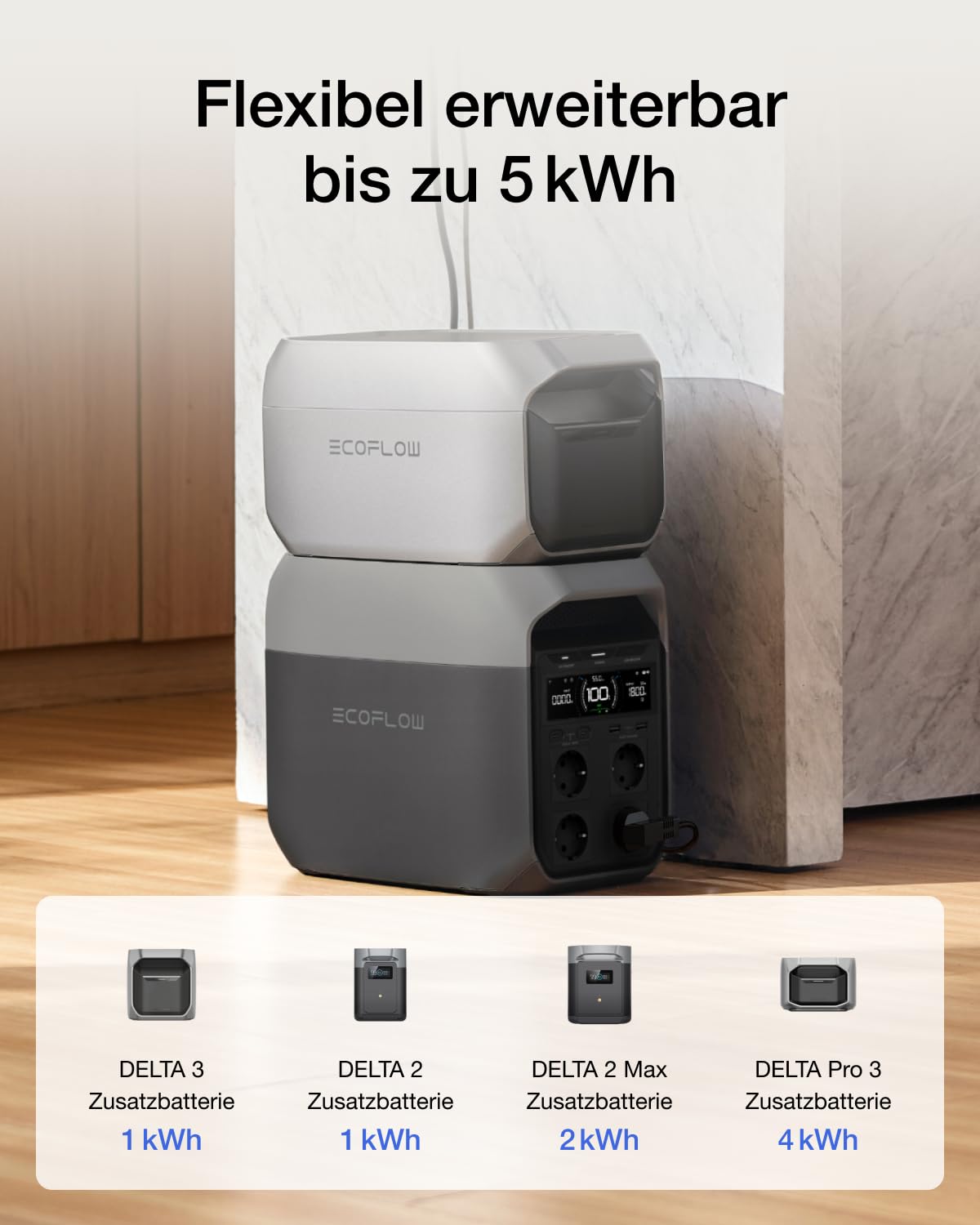 EcoFlow DELTA 3 Powerstation 1024Wh LiFePO4 mit Zusatzakku, erweiterbar, Solargenerator für Camping & Notstrom