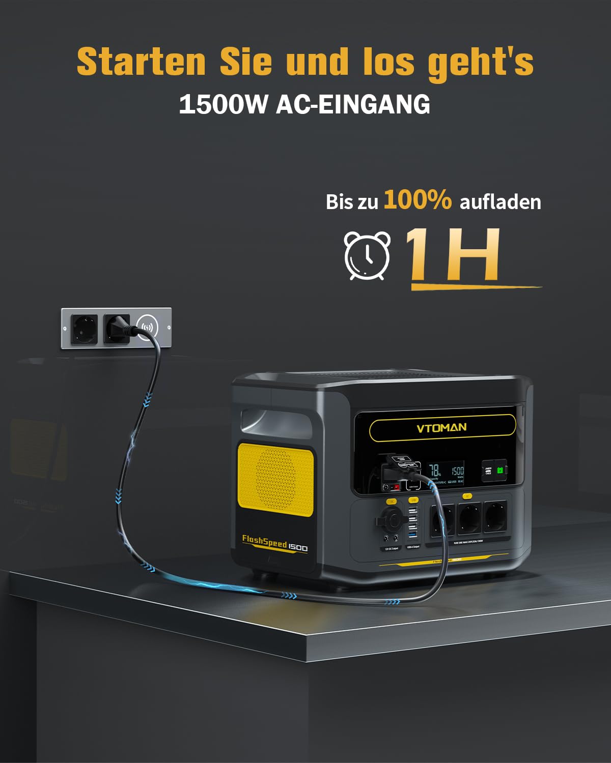 VTOMAN FlashSpeed 1500 Powerstation 1548Wh + 200W Solarpanel, LiFePO4, 1500W AC, 1h Schnellladung, Camping & Zuhause