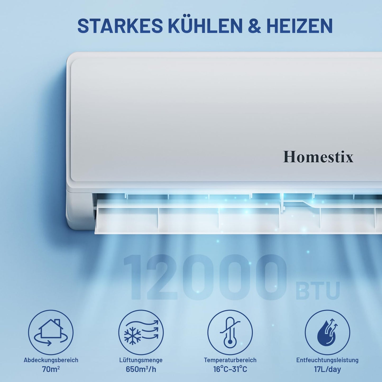 Split-Klimaanlage 12000 BTU, 4-in-1: Heizen, Kühlen, Entfeuchten, Lüften, bis 75 m², ultraleise, mit App, Fernbedienung, Timer & Montagematerial