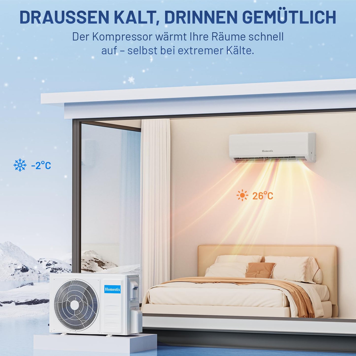 Split-Klimaanlage 12000 BTU, 4-in-1: Heizen, Kühlen, Entfeuchten, Lüften, bis 75 m², ultraleise, mit App, Fernbedienung, Timer & Montagematerial