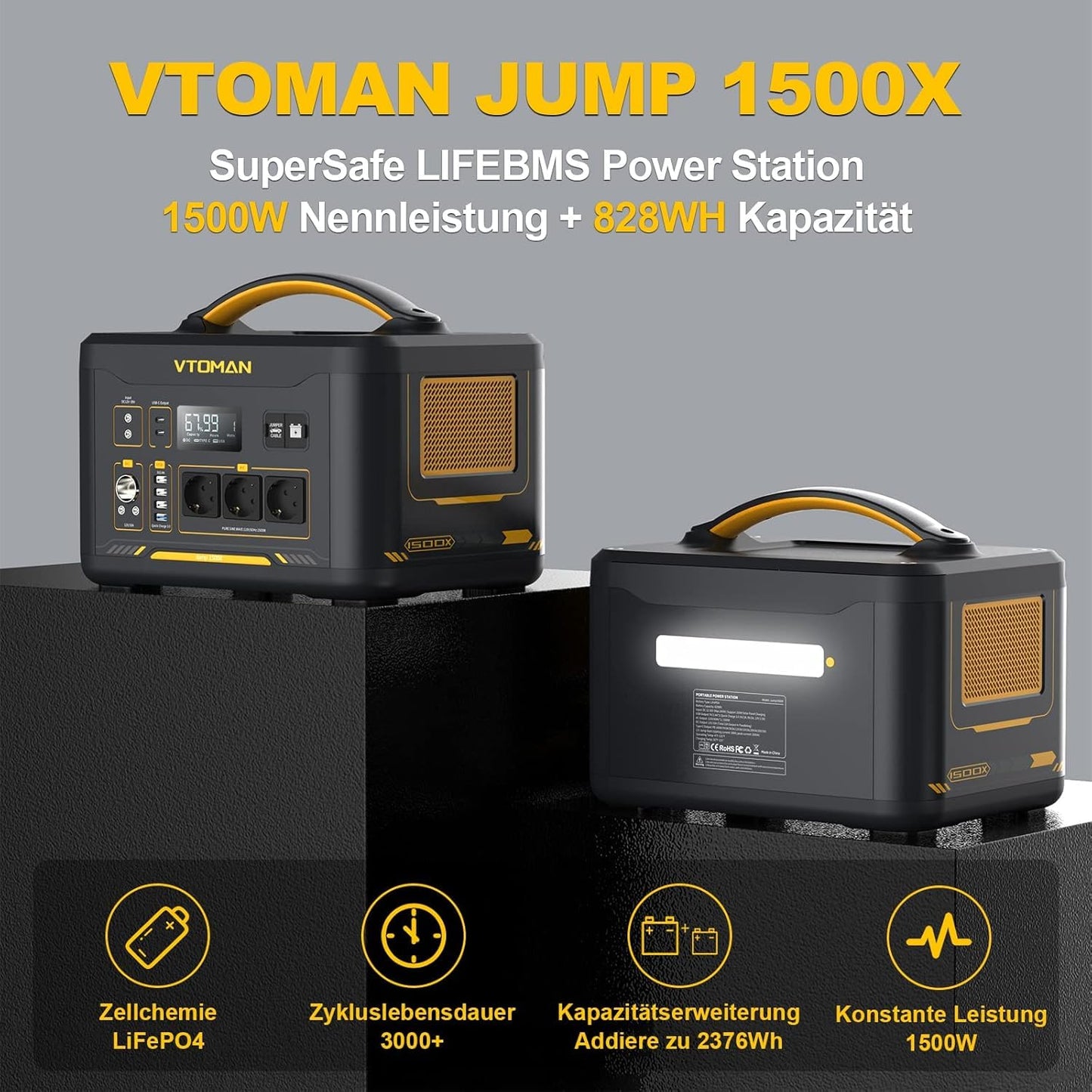 VTOMAN Jump 1500X Powerstation 828Wh/1500W + 200W Solarpanel, LiFePO4, erweiterbar 2376Wh, Camping & Notstrom