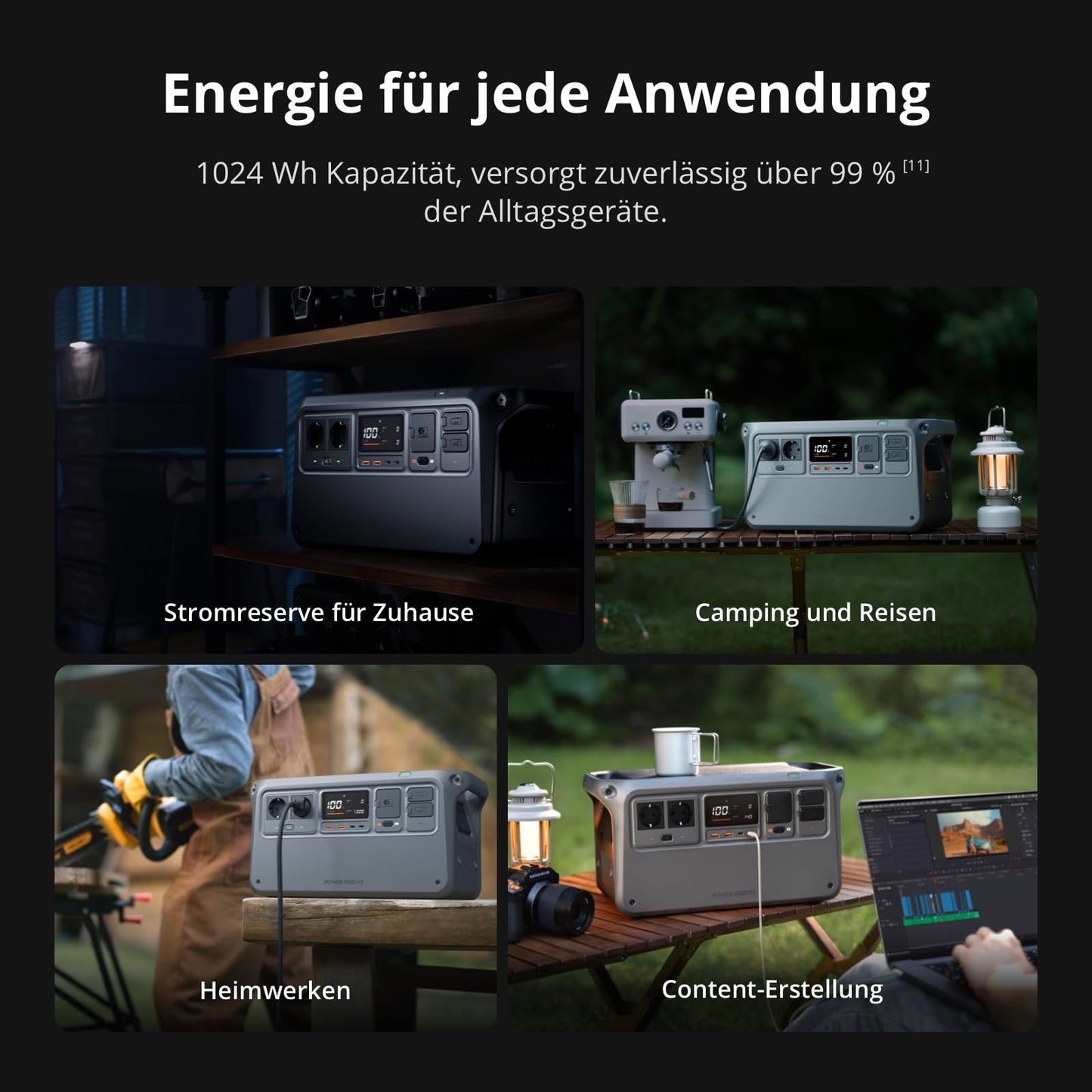 DJI Power 1000 V2 Powerstation 1024Wh LiFePO4, 2600W Solar, kompakt, 0–80% in 37 Min. Schnellladung, Camping & Zuhause