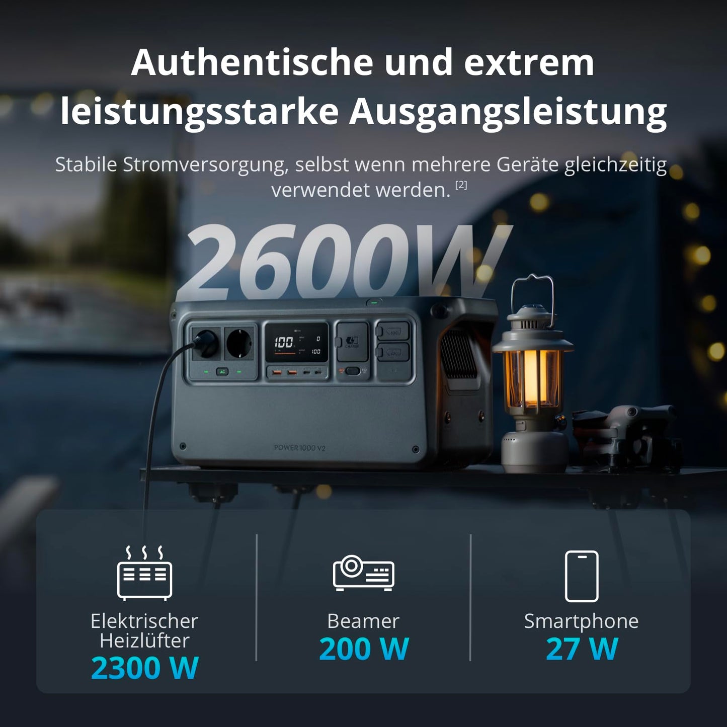 DJI Power 1000 V2 Powerstation 1024Wh LiFePO4, 2600W Solar, kompakt, 0–80% in 37 Min. Schnellladung, Camping & Zuhause