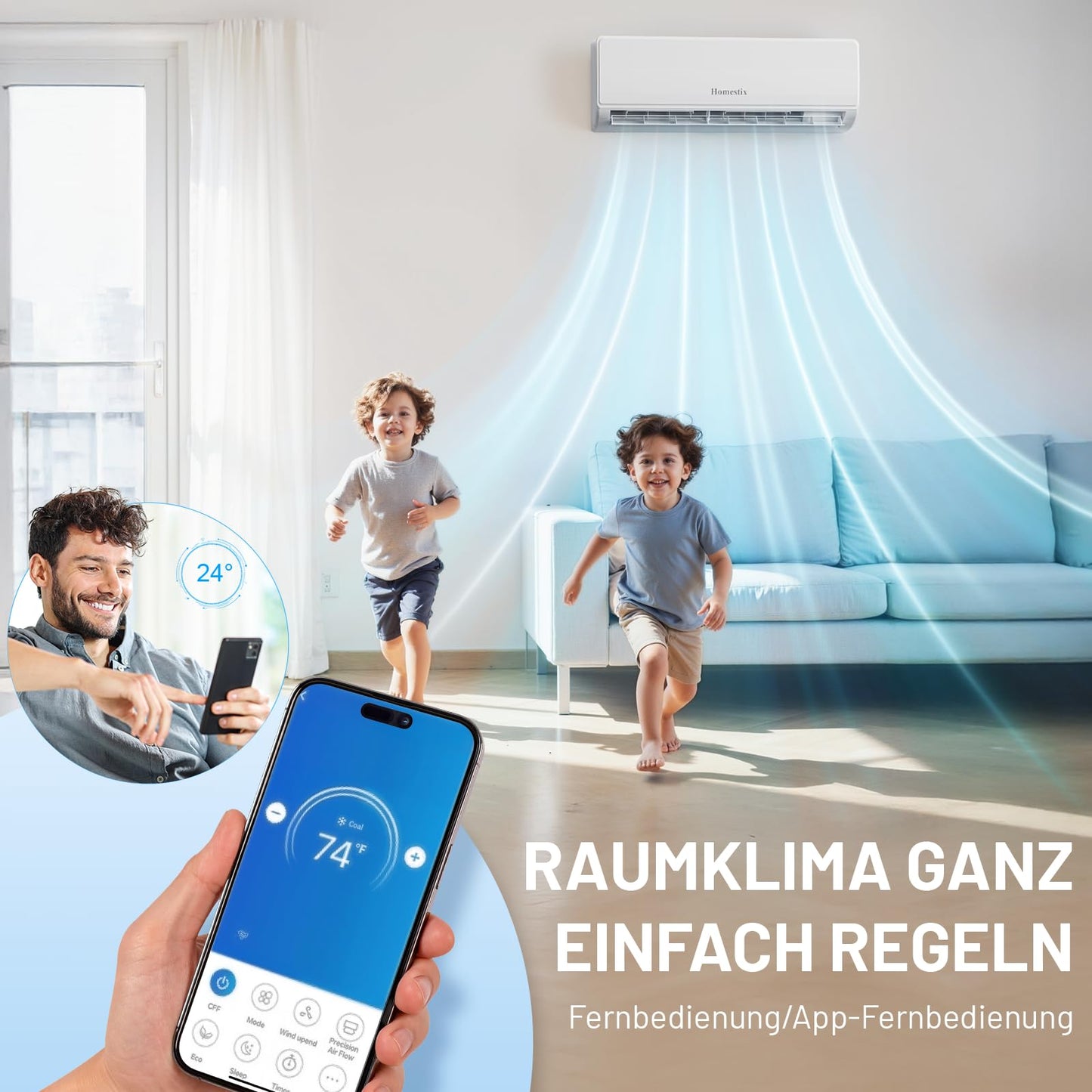 Split-Klimaanlage 12000 BTU, 4-in-1: Heizen, Kühlen, Entfeuchten, Lüften, bis 75 m², ultraleise, mit App, Fernbedienung, Timer & Montagematerial