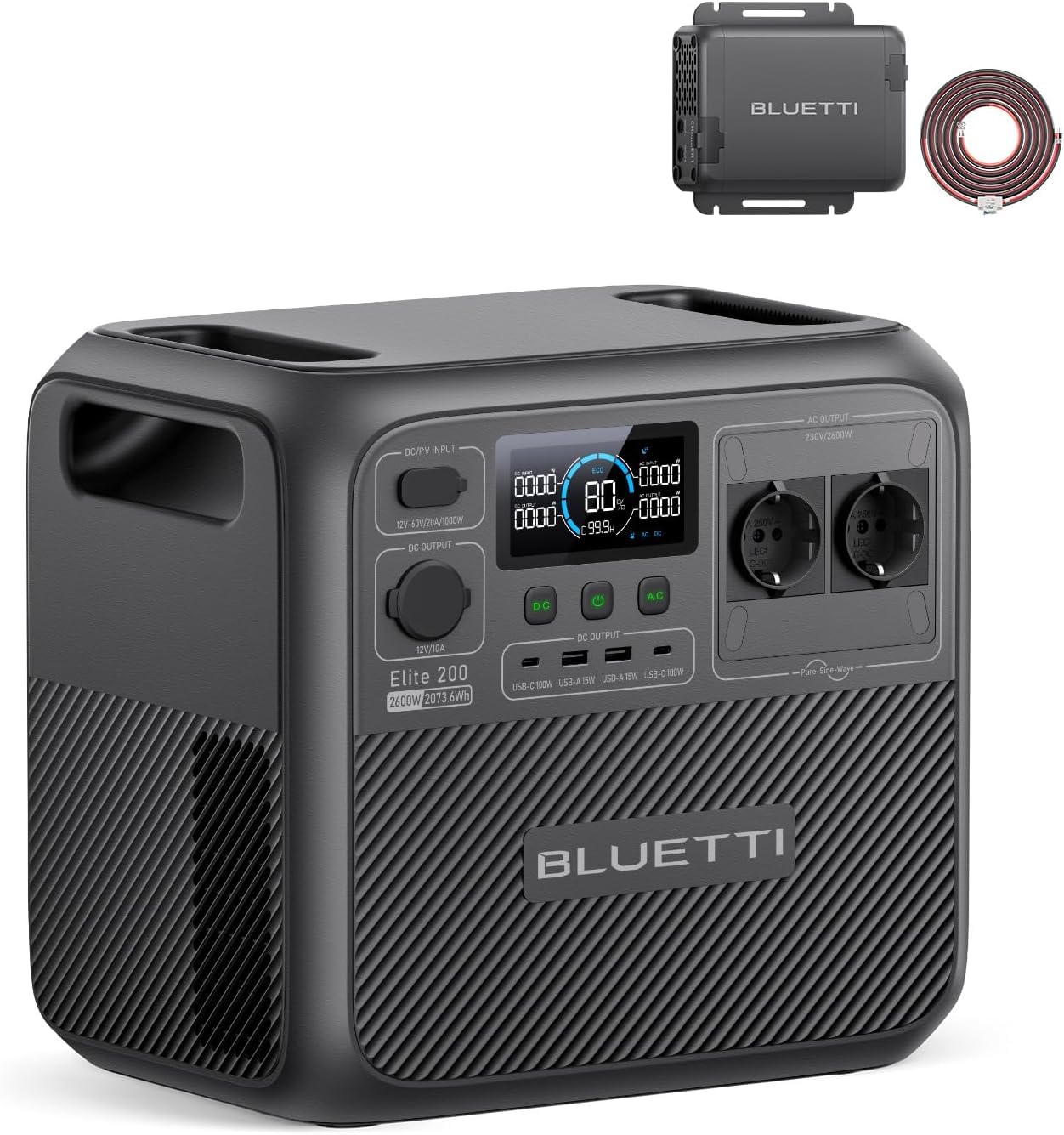 BLUETTI Elite 200 V2 Powerstation 2073Wh LFP mit Charger 1, 2×2600W AC, 560W Autoladung, ideal für Reisen & Notstrom