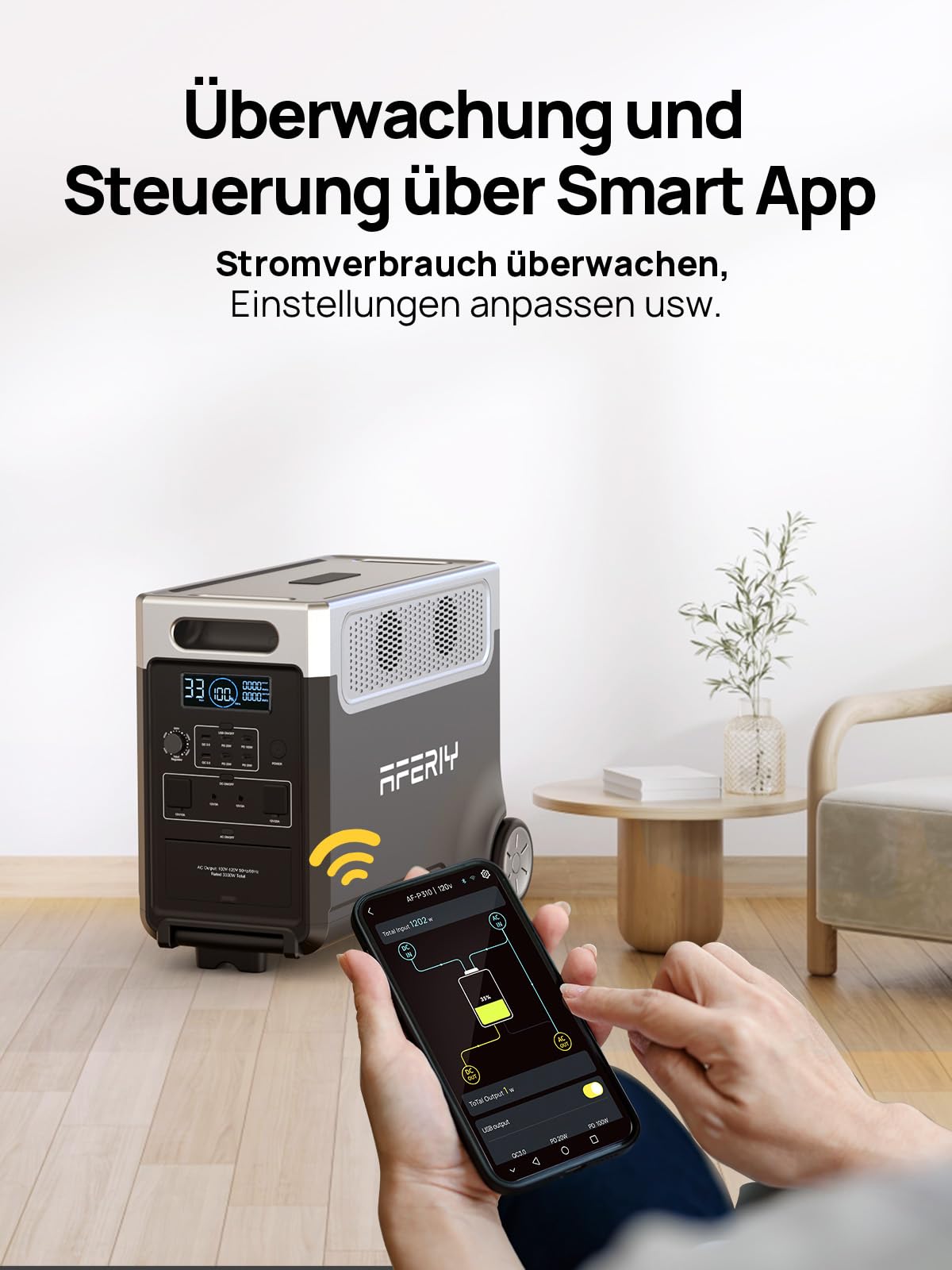 AFERIY 3600W Solargenerator 3840Wh LiFePO4 Powerstation – 3×230V AC, USV, 2200W Schnellladung, tragbar für Camping & Reisen
