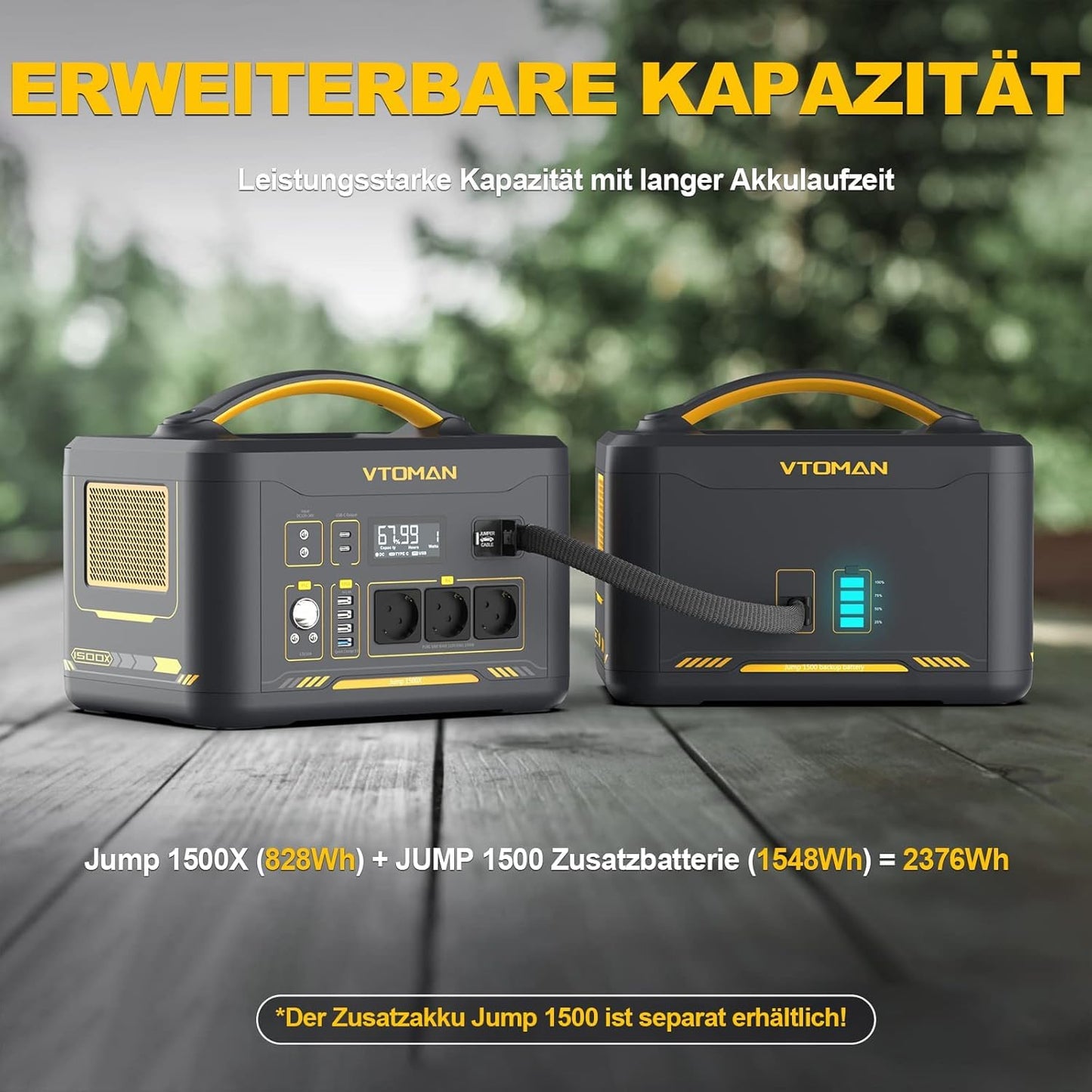 VTOMAN Jump 1500X Powerstation 828Wh/1500W + 200W Solarpanel, LiFePO4, erweiterbar 2376Wh, Camping & Notstrom