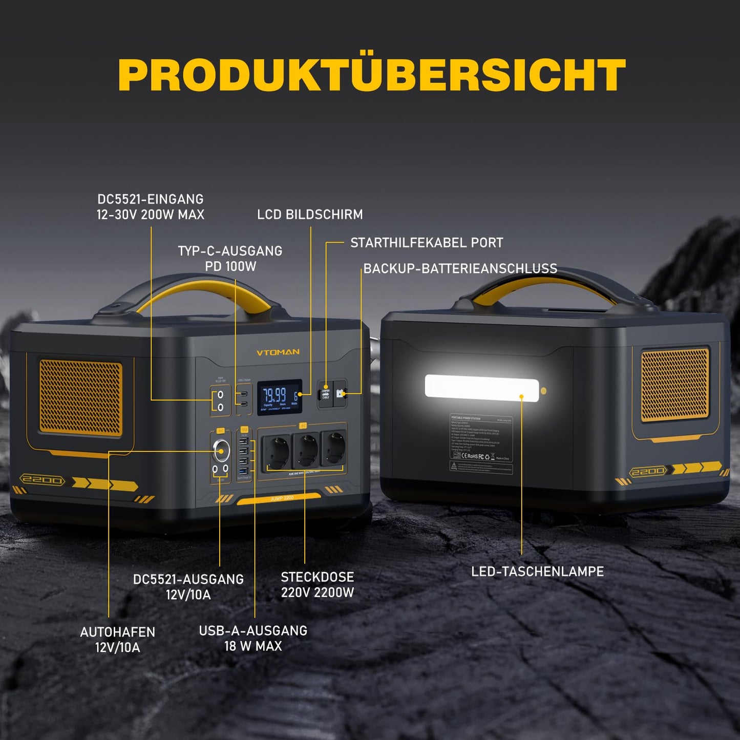VTOMAN Jump 2200 Powerstation 1548Wh/2200W + 110W Solarpanel, LiFePO4, erweiterbar 3096Wh, Camping & Notstrom