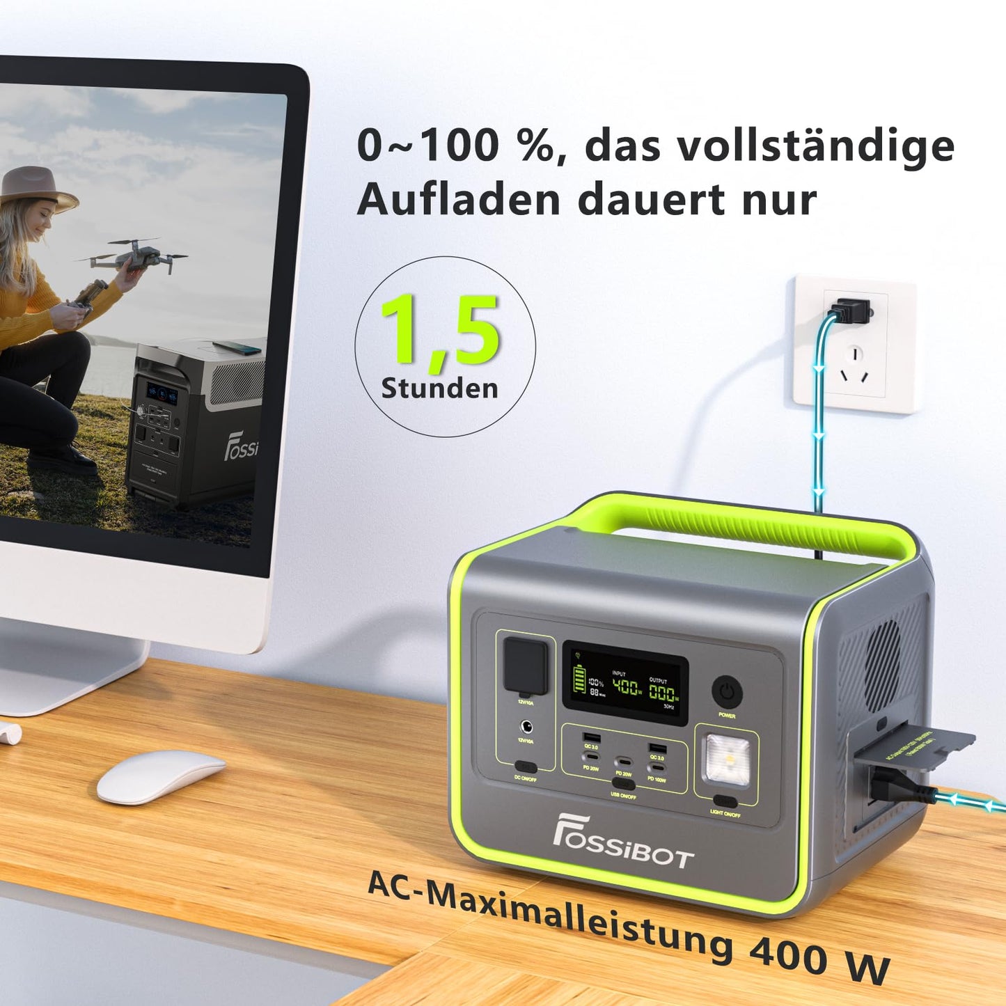 FOSSiBOT Powerstation 512Wh + 200W Solarpanel, LiFePO4, 800W/1600W, 1,5h Schnellladung, 230V Sinus, Camping & Wohnmobile