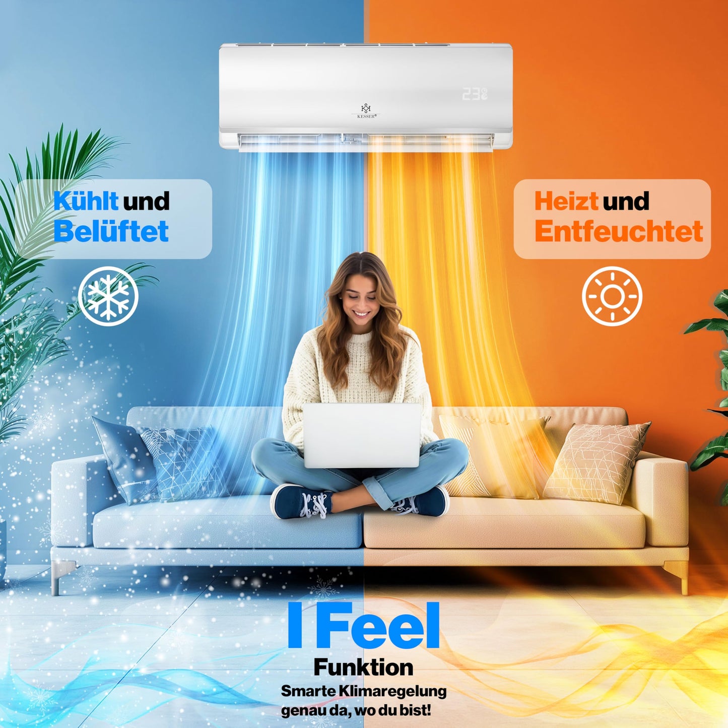 KESSER® Split-Klimaanlage 12000 BTU (3,4 kW), A++/A+, WiFi/App, R32, mit Fernbedienung, Timer & komplettem Montagematerial