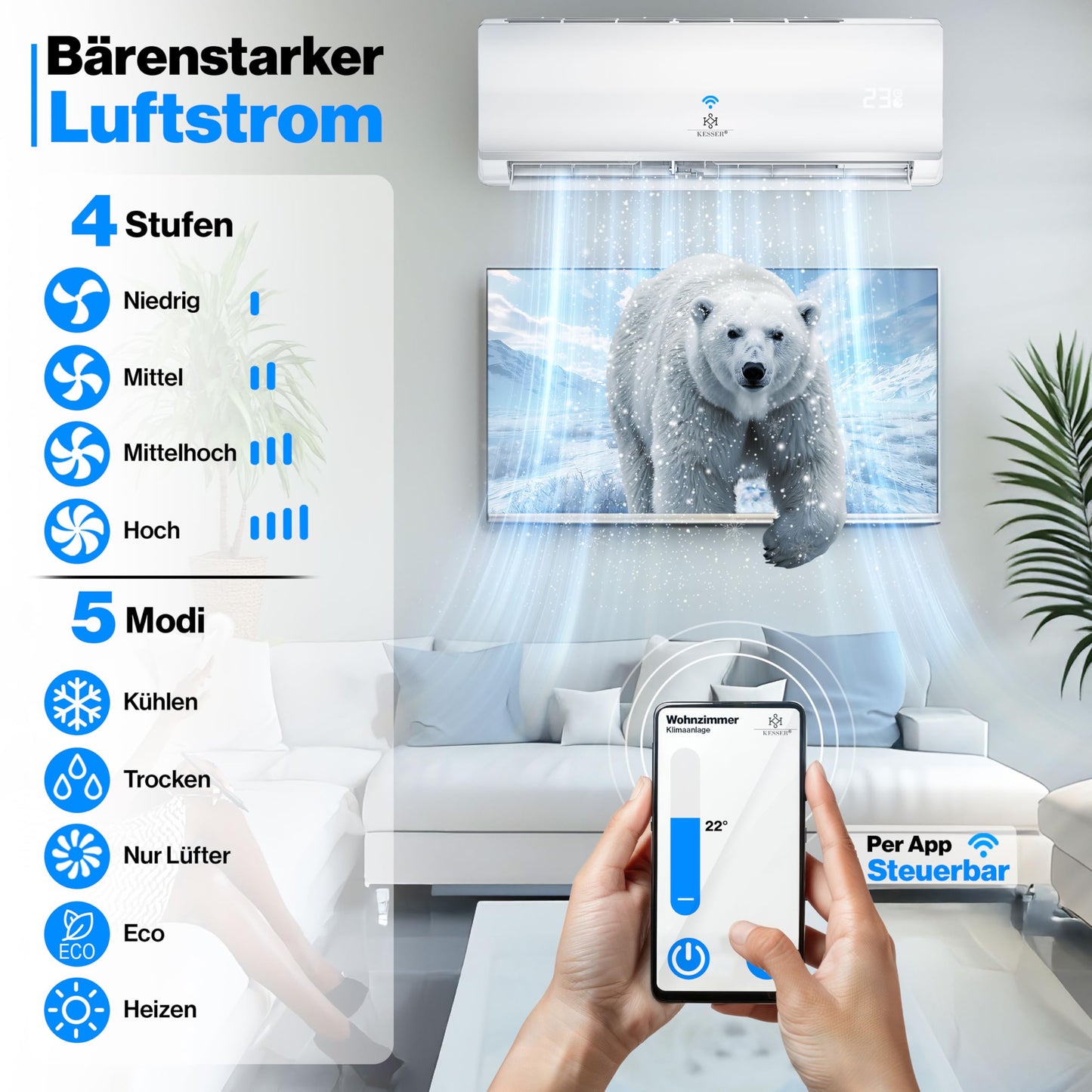 KESSER® Split-Klimaanlage 12000 BTU (3,4 kW), A++/A+, WiFi/App, R32, mit Fernbedienung, Timer & komplettem Montagematerial