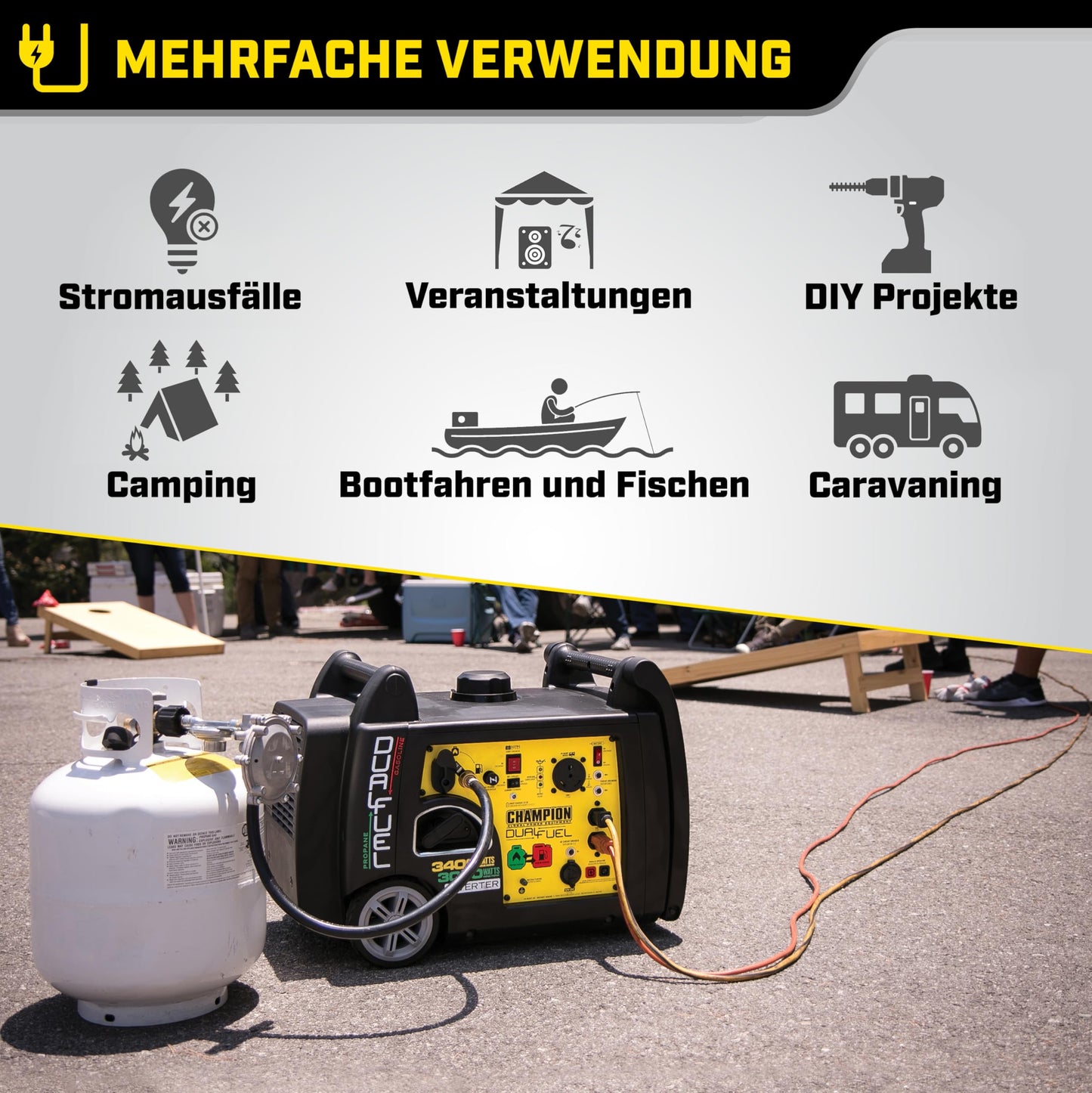 Champion Stromaggregat 3100W 73001i-DF-EU – Benzin & Gas Inverter Generator, leise & tragbar mit Griff & Rädern, Camping & Outdoor