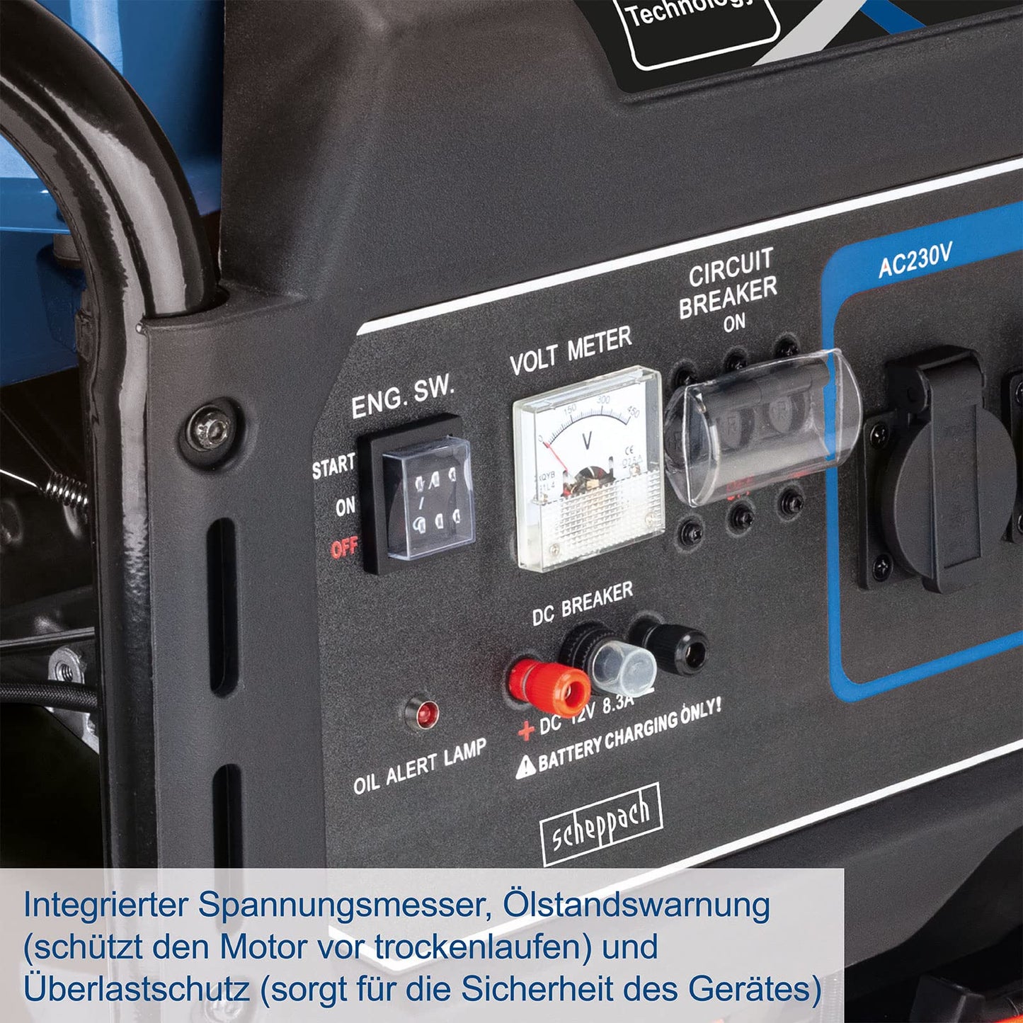 Scheppach SG7100x Benzin Stromgenerator 5400W, 12PS, E-Start, 2×230V/1×400V, 25L Tank, AVR, mit Fahrvorrichtung