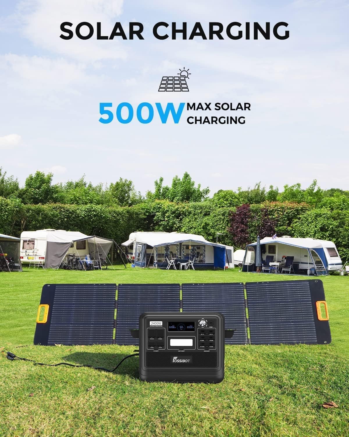 FOSSiBOT F2400 Solar Generator mit 200W Solar Panel, 2400W Tragbare Powerstation 2048Wh LiFePO4 with 3AC Ausgabe (4800W Peak), 13 Steckdosen Stromspeicher für Outdoor, Camping im Wohnmobil Backup