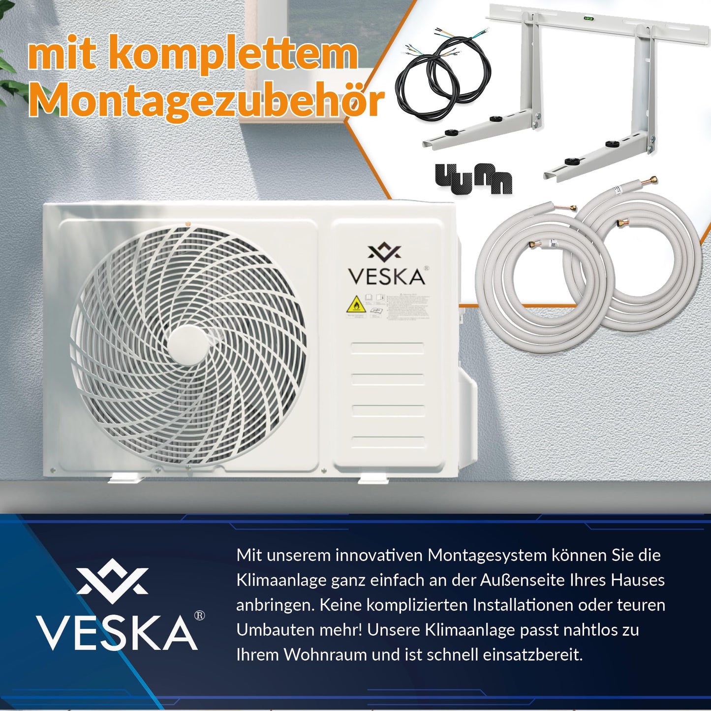 Split-Klimaanlage VSK-12000BTU, 12000 BTU (3,5 kW), A++/A+, WiFi/App, R32, mit Fernbedienung, Timer & komplettem Montagematerial