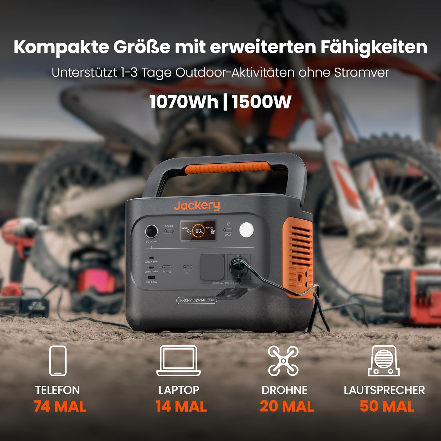 Jackery Solargenerator 1000 v2 mit 100W Solarpanel, 1070Wh LiFePO4 Tragbare Powerstation, 1500W AC/100W USB-C Ausgang, 1 Std. Schnellladung für Outdoor, Off-Grid, RV, Notfall