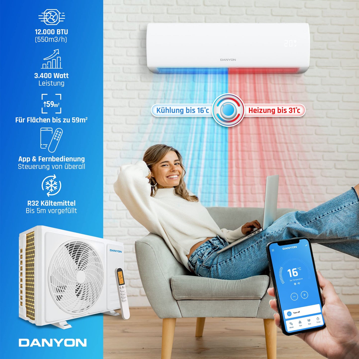 Danyon Split-Klimaanlage 12000 BTU (3,4 kW), Inverter, leise, Smart Home, Heizfunktion, R32 vorgefüllt, Timer, für bis zu 59 m², inkl. 5 m Set