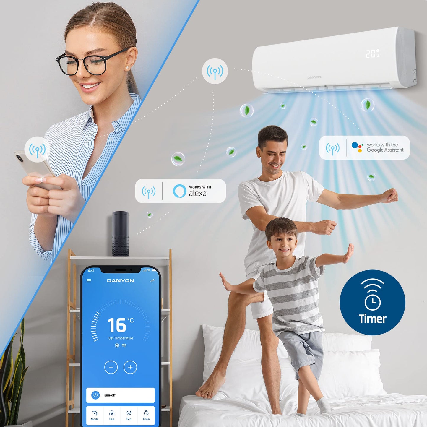 Danyon Split-Klimaanlage 12000 BTU (3,4 kW), Inverter, leise, Smart Home, Heizfunktion, R32 vorgefüllt, Timer, für bis zu 59 m², inkl. 5 m Set