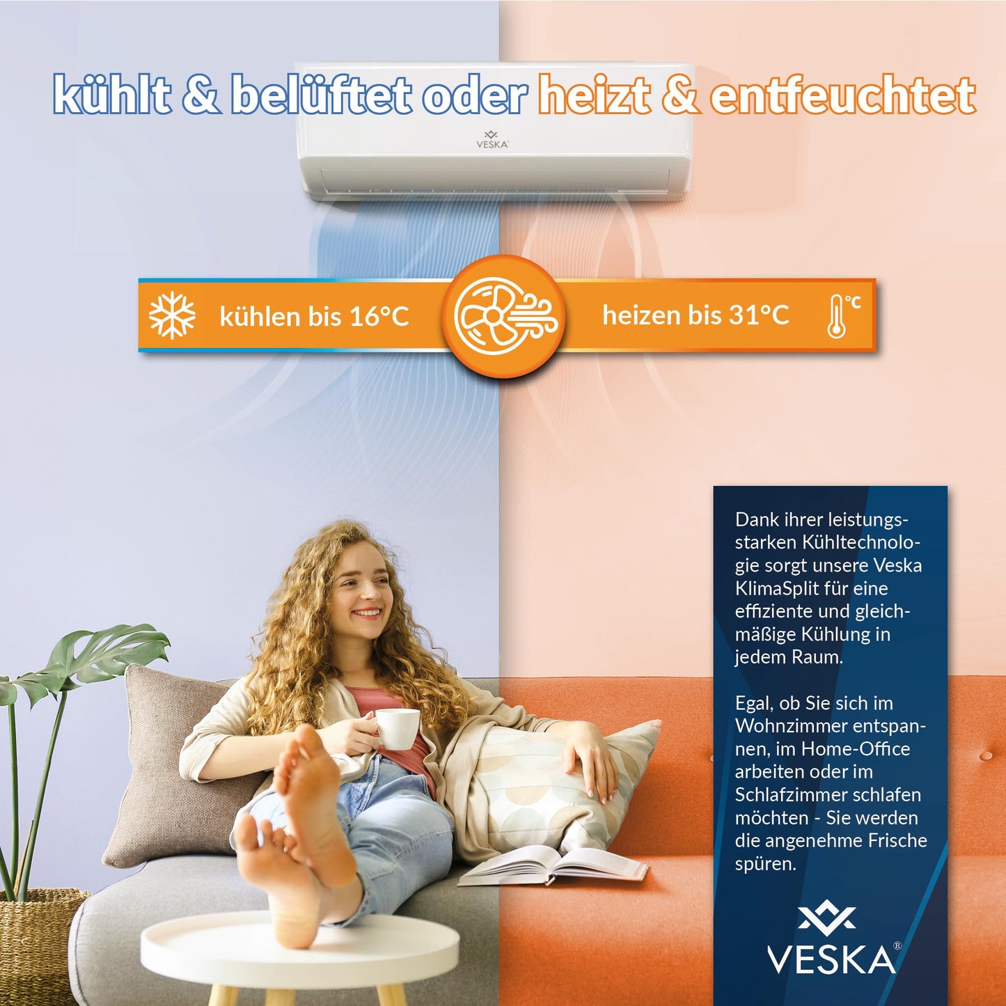 Split-Klimaanlage VSK-12000BTU, 12000 BTU (3,5 kW), A++/A+, WiFi/App, R32, mit Fernbedienung, Timer & komplettem Montagematerial