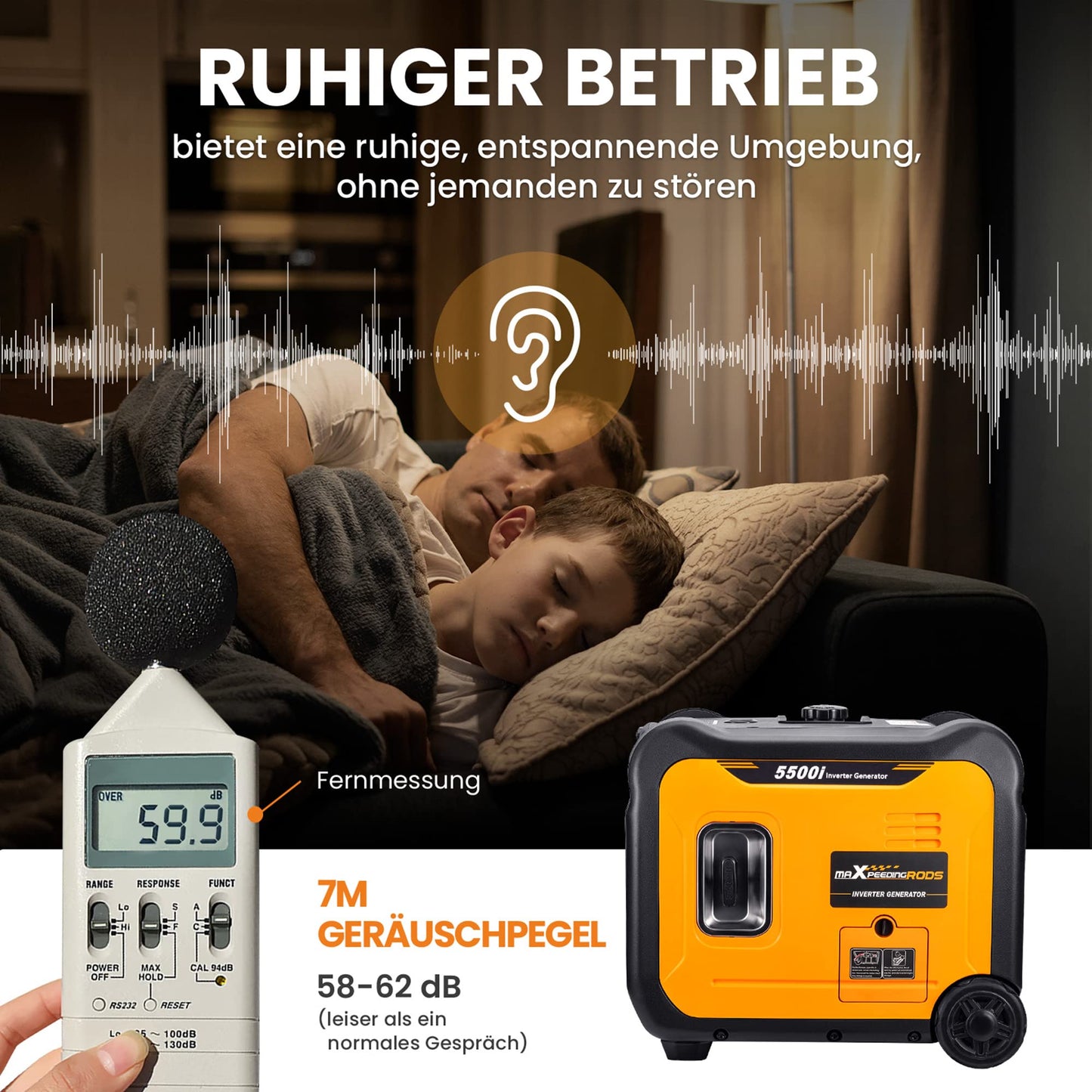 maXpeedingrods 5500W Inverter Stromerzeuger, Benzin, leise, 7,4PS, mit Fernbedienung, 230V & USB, Notstrom & Baustelle