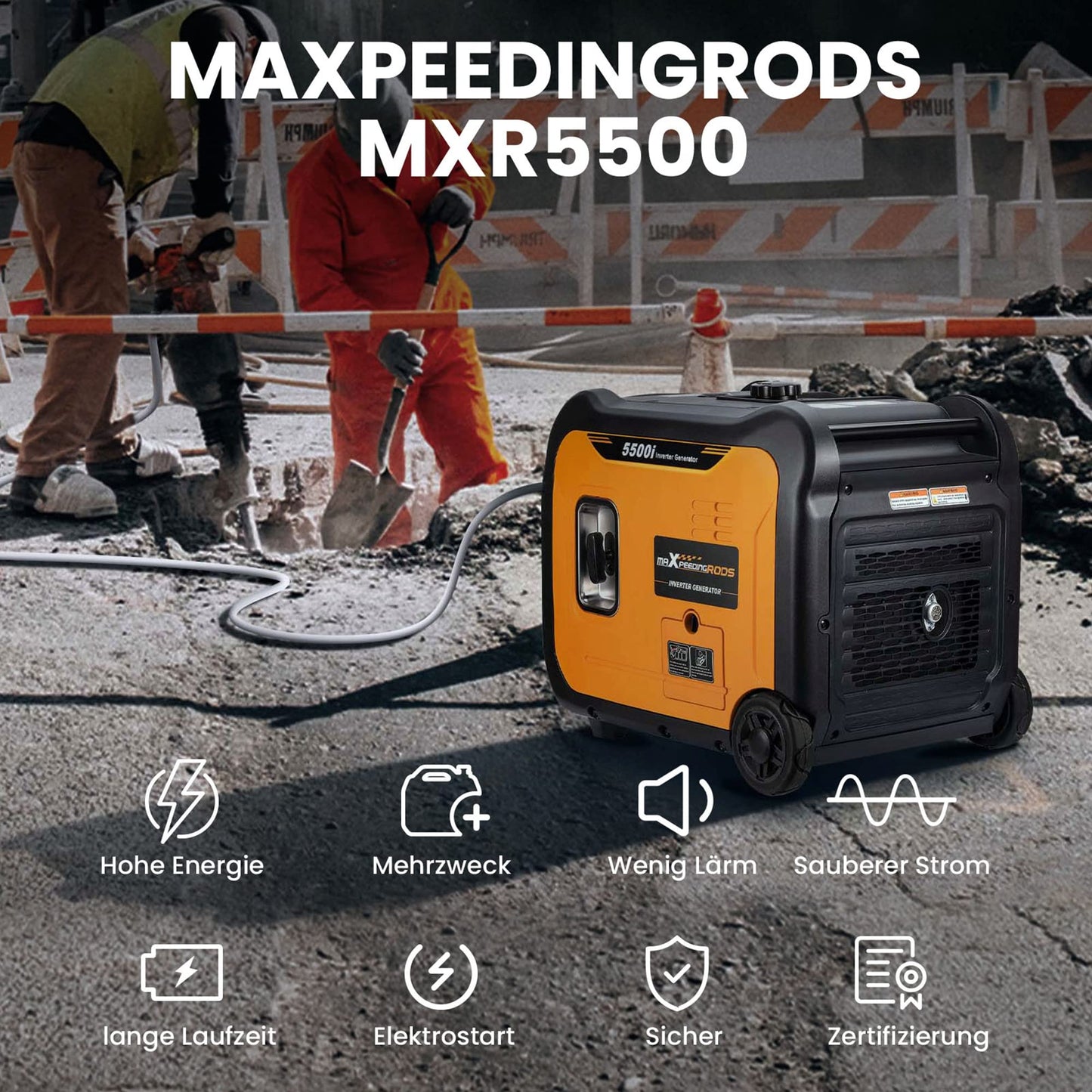 maXpeedingrods 5500W Inverter Stromerzeuger, Benzin, leise, 7,4PS, mit Fernbedienung, 230V & USB, Notstrom & Baustelle