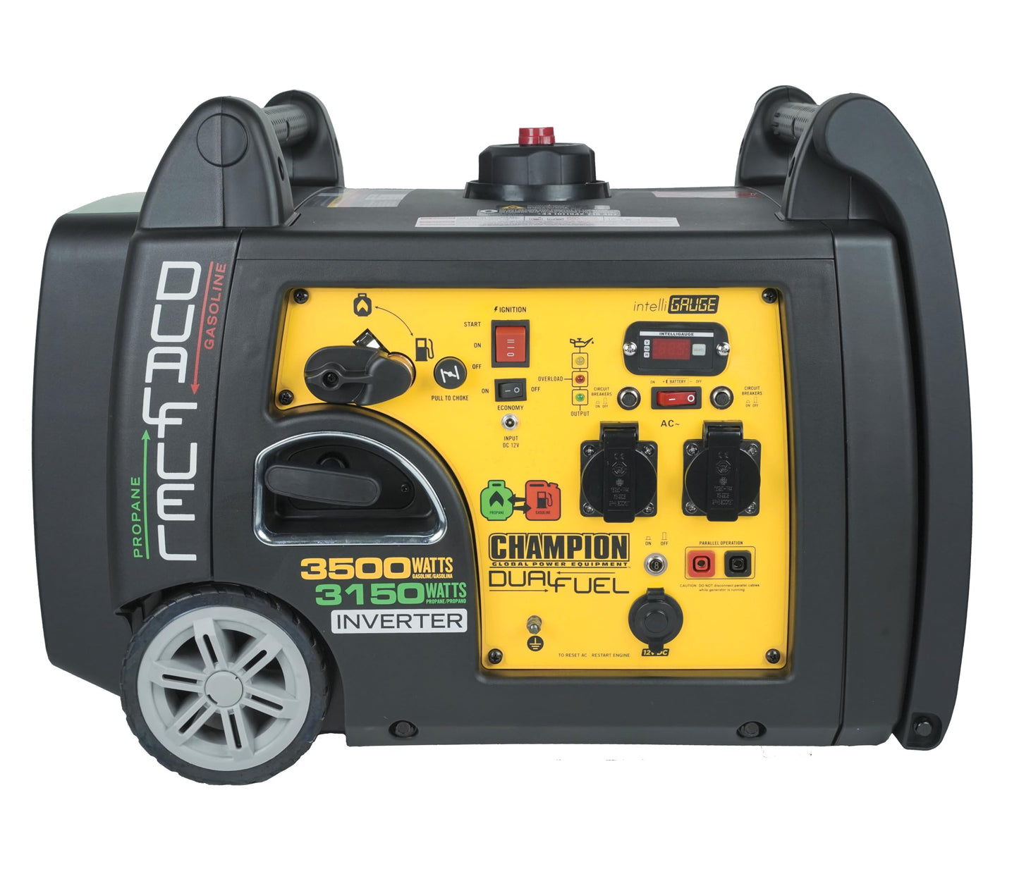 Champion Stromaggregat 3100W 73001i-DF-EU – Benzin & Gas Inverter Generator, leise & tragbar mit Griff & Rädern, Camping & Outdoor