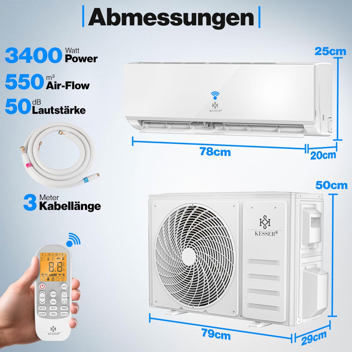 KESSER® Split-Klimaanlage 12000 BTU (3,4 kW), A++/A+, WiFi/App, R32, mit Fernbedienung, Timer & komplettem Montagematerial