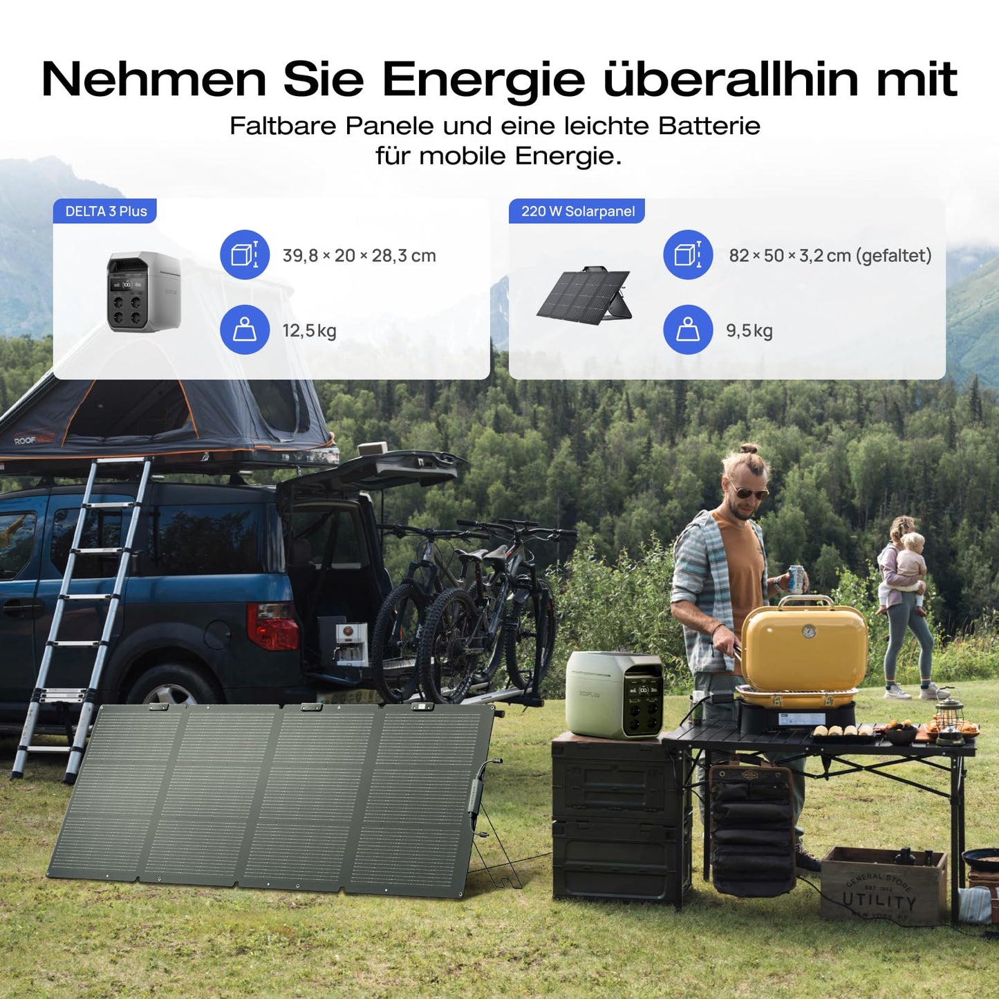 EF ECOFLOW DELTA 3 Plus Powerstation 1024Wh + 220W Solarpanel, 1000W Input, LiFePO4, Solargenerator für Camping & Notstrom