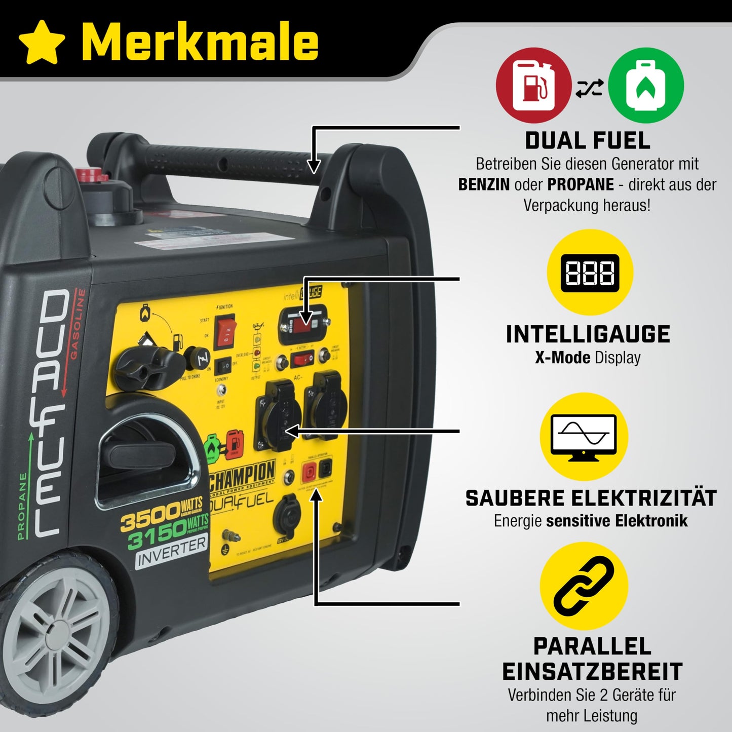Champion Stromaggregat 3100W 73001i-DF-EU – Benzin & Gas Inverter Generator, leise & tragbar mit Griff & Rädern, Camping & Outdoor
