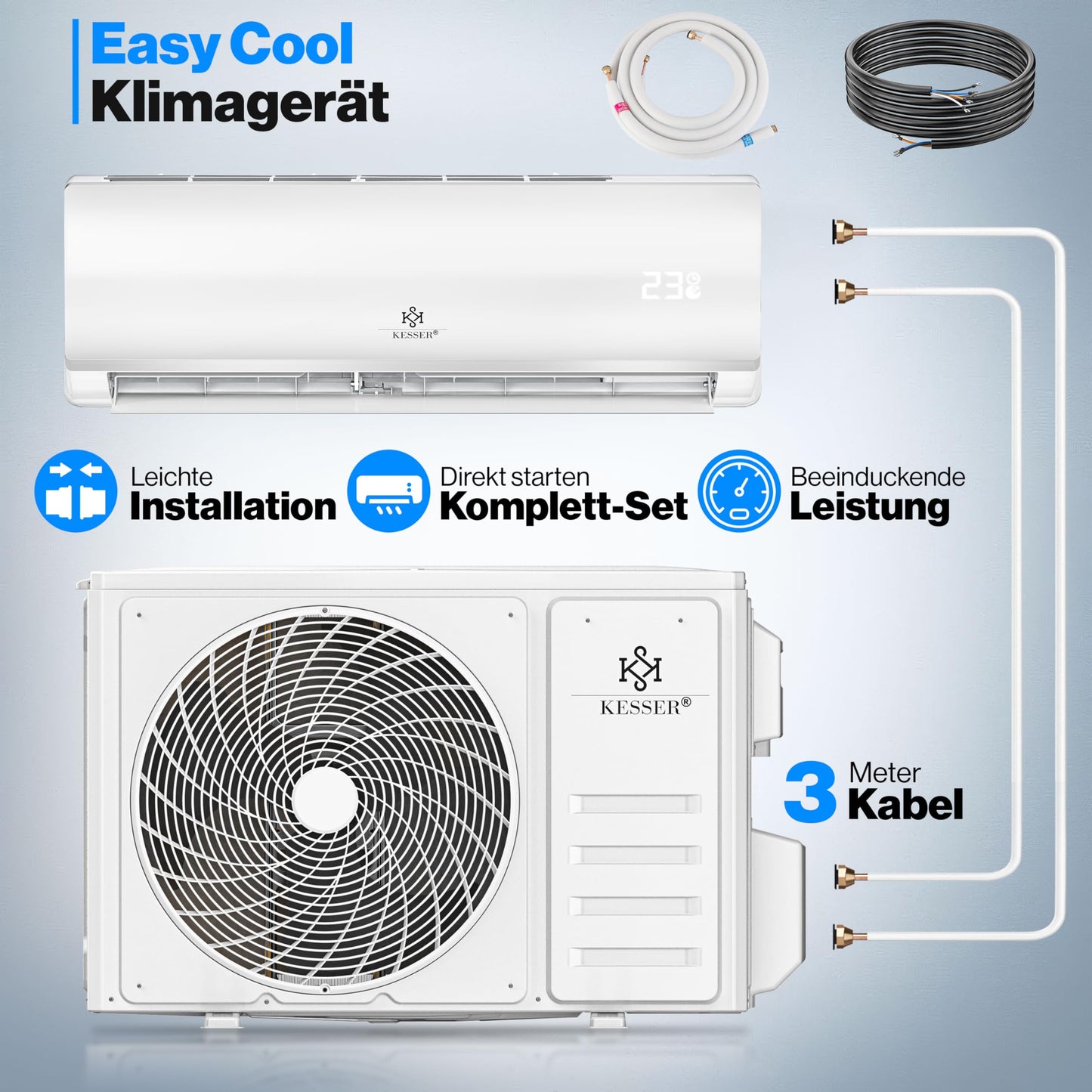 KESSER® Split-Klimaanlage 12000 BTU (3,4 kW), A++/A+, WiFi/App, R32, mit Fernbedienung, Timer & komplettem Montagematerial