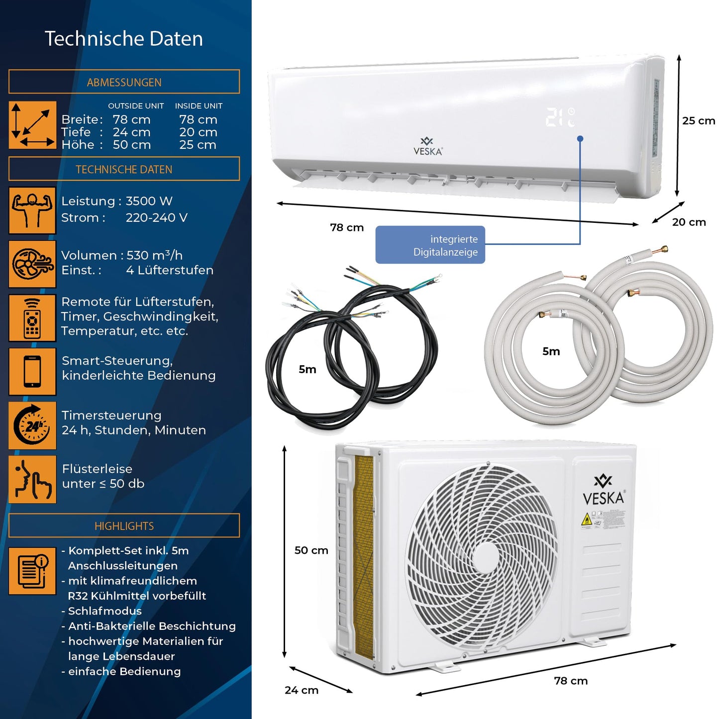 Split-Klimaanlage VSK-12000BTU, 12000 BTU (3,5 kW), A++/A+, WiFi/App, R32, mit Fernbedienung, Timer & komplettem Montagematerial
