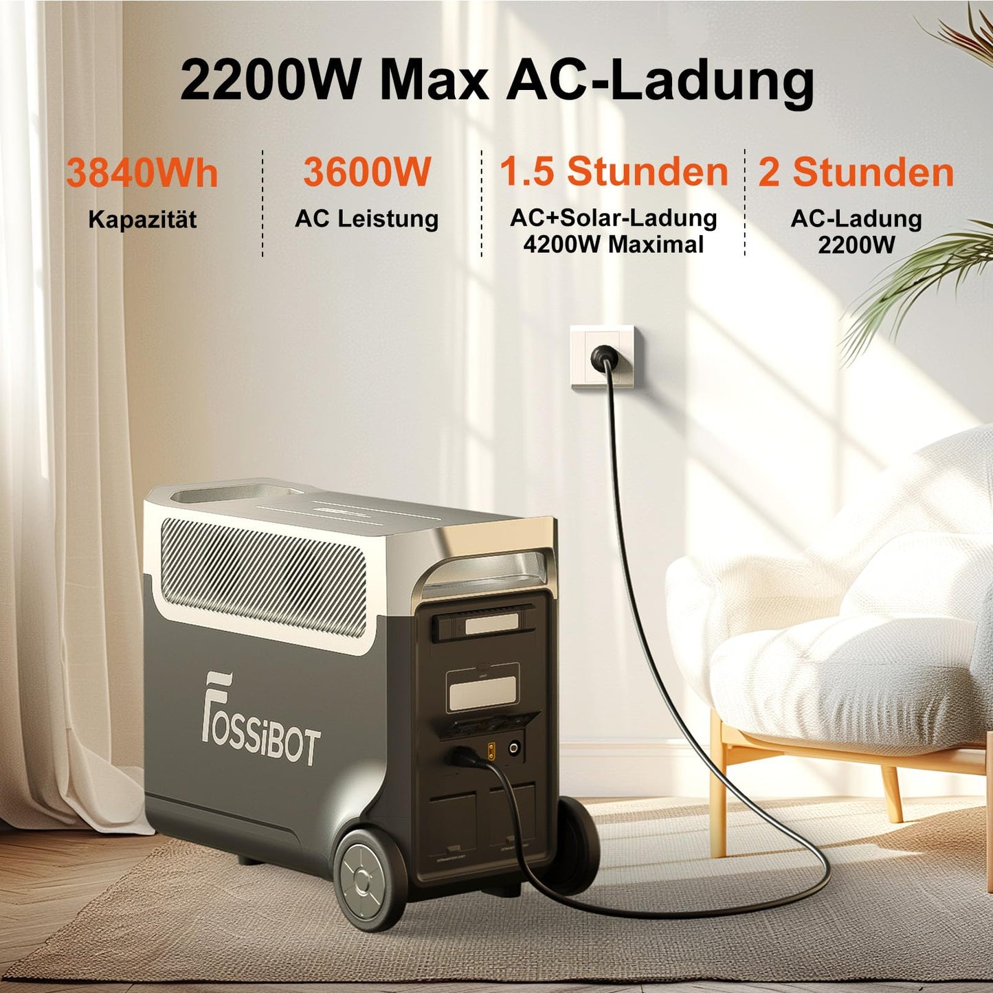 FOSSiBOT F3600 Pro Solargenerator, 3840Wh LiFePO4 Tragbare Powerstation, 3x230V AC Ausgang 3600W (7200W Peak), Stormerzeuger Schnelles Stromspeicher Aufladen Reise Power Station, Outdoor Camping