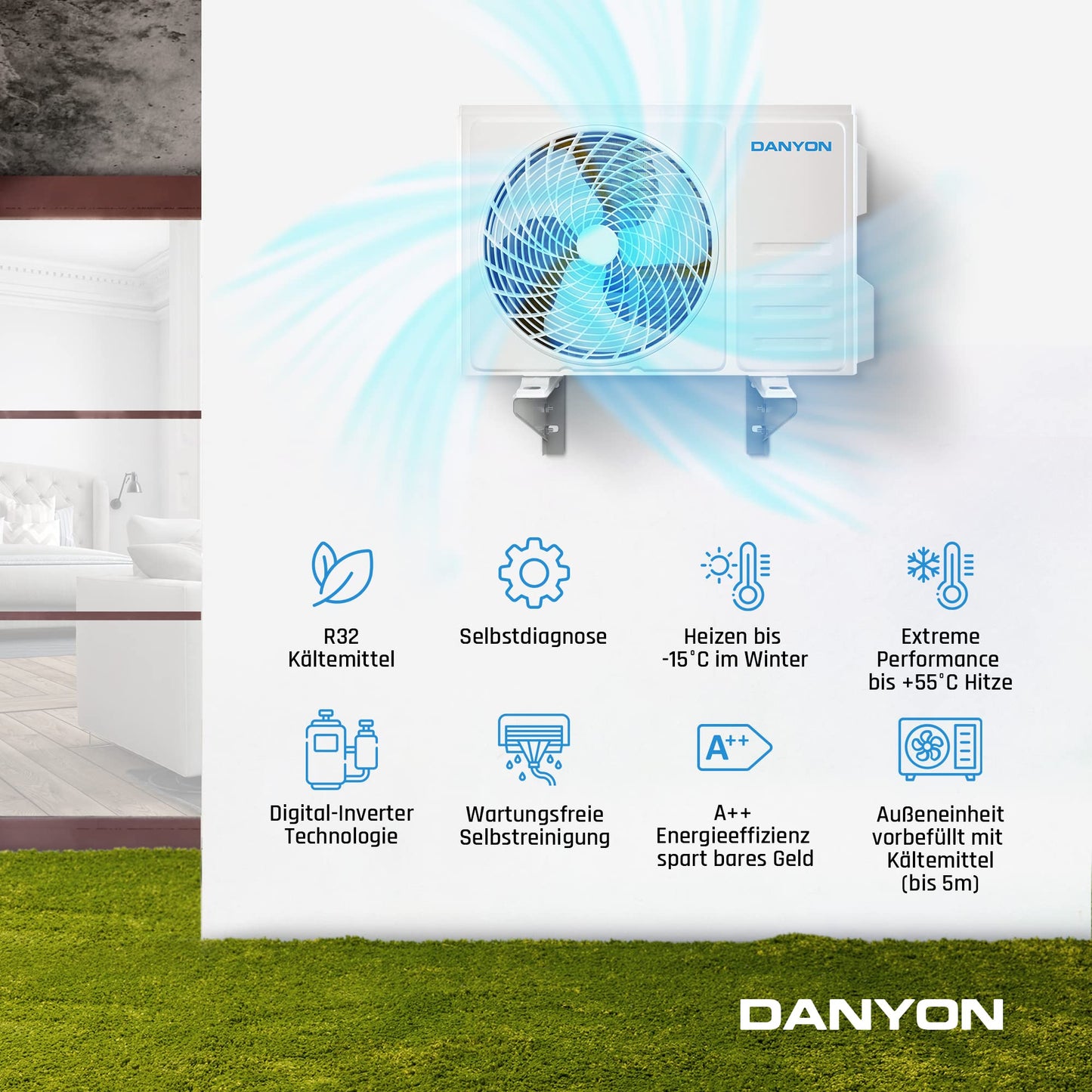 Danyon Split-Klimaanlage 12000 BTU (3,4 kW), Inverter, leise, Smart Home, Heizfunktion, R32 vorgefüllt, Timer, für bis zu 59 m², inkl. 5 m Set