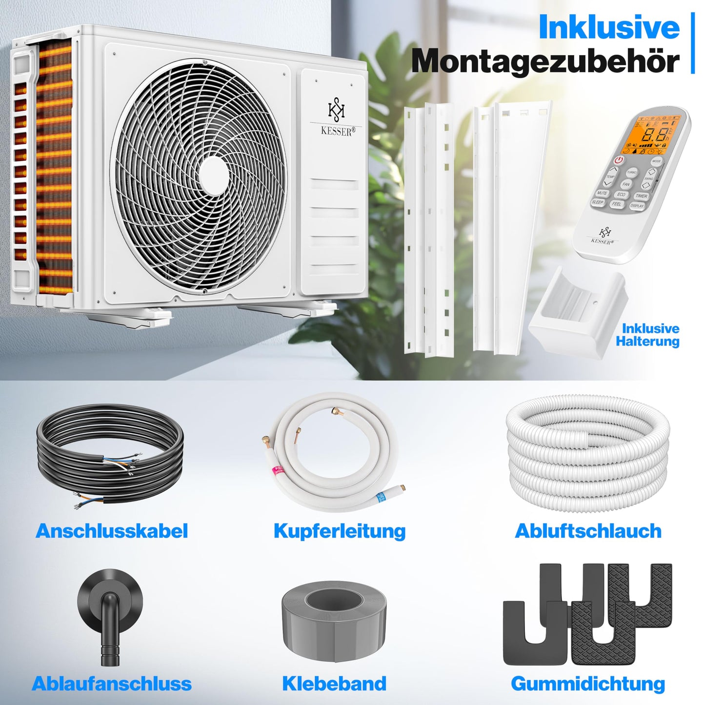 KESSER® Split-Klimaanlage 12000 BTU (3,4 kW), A++/A+, WiFi/App, R32, mit Fernbedienung, Timer & komplettem Montagematerial
