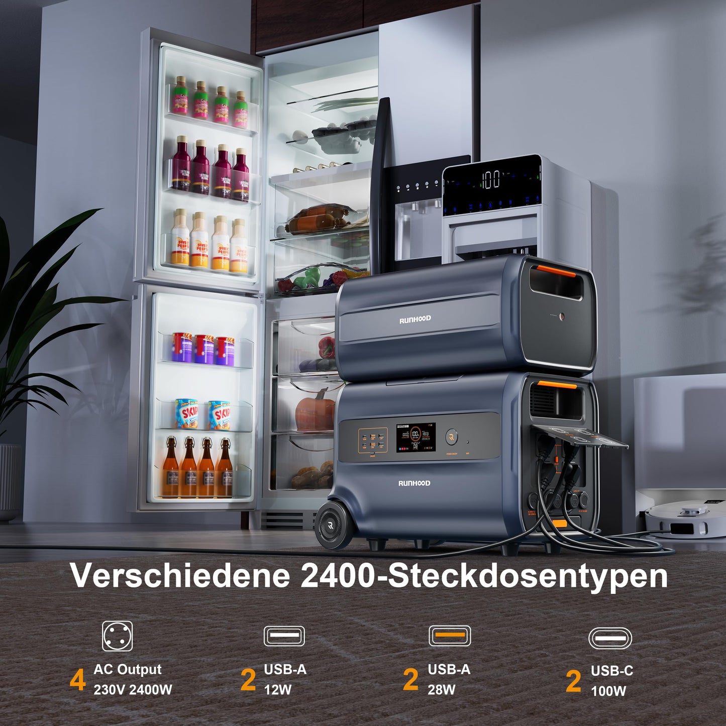 Balkonkraftwerk Speicher 2.4kWh LiFePO4 mit 800W Wechselrichter, Plug & Play, APP-Steuerung, erweiterbar bis 9.6kWh