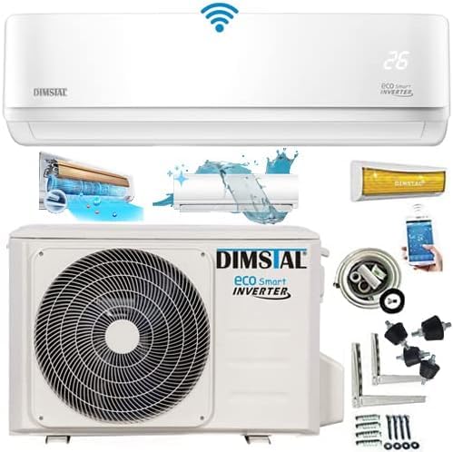 DIMSTAL 12000 BTU (3,6 kW) Split-Klimaanlage + Heizung, ECO, Smart WiFi, Self-Clean, Ioniser, Follow Me, leise, inkl. 3 m Leitungen – Komplettset