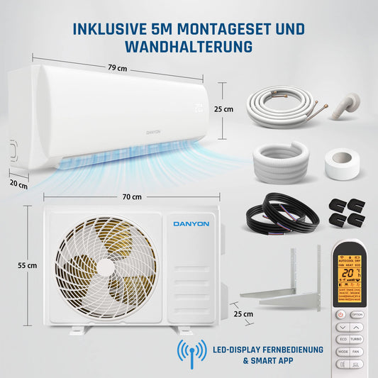 Danyon Split-Klimaanlage 12000 BTU (3,4 kW), Inverter, leise, Smart Home, Heizfunktion, R32 vorgefüllt, Timer, für bis zu 59 m², inkl. 5 m Set