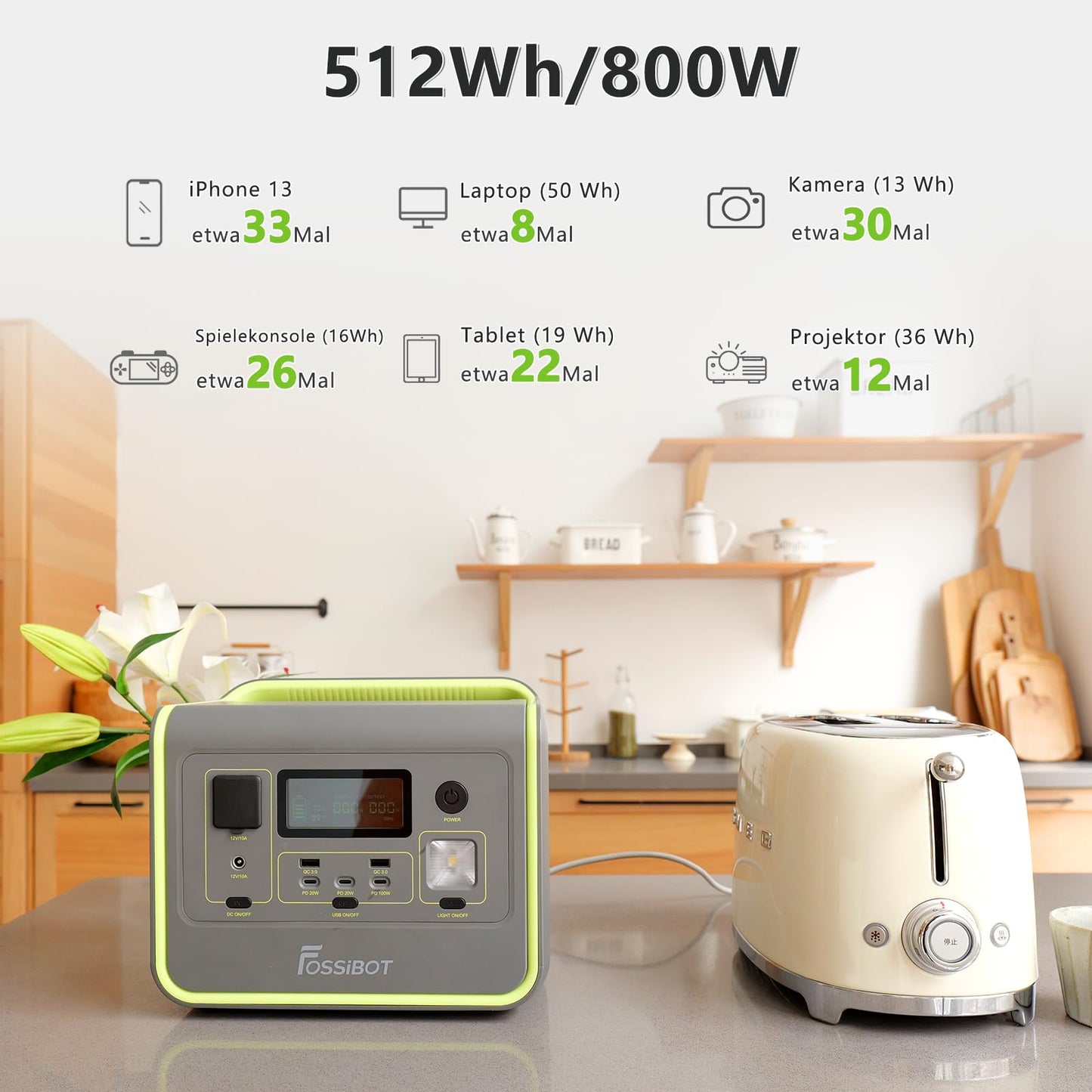 FOSSiBOT Powerstation 512Wh + 200W Solarpanel, LiFePO4, 800W/1600W, 1,5h Schnellladung, 230V Sinus, Camping & Wohnmobile