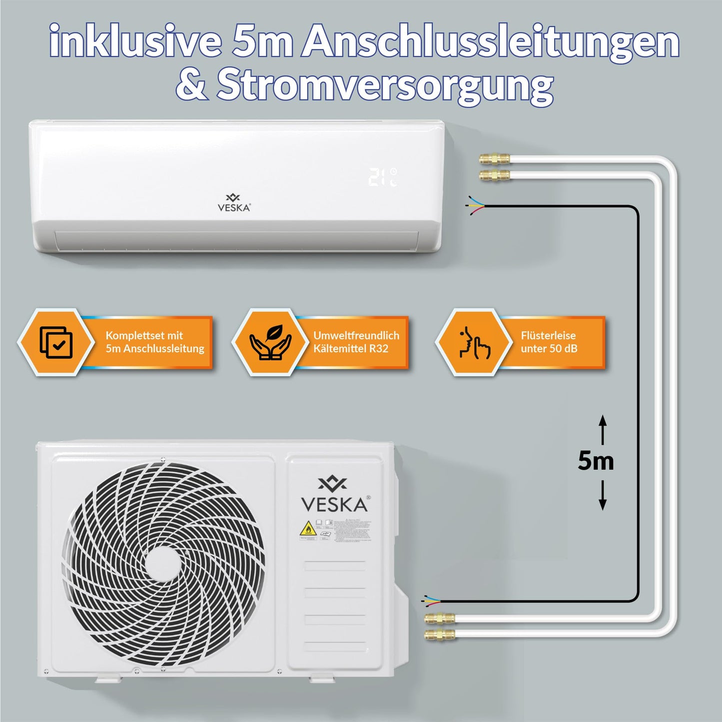 Split-Klimaanlage VSK-12000BTU, 12000 BTU (3,5 kW), A++/A+, WiFi/App, R32, mit Fernbedienung, Timer & komplettem Montagematerial