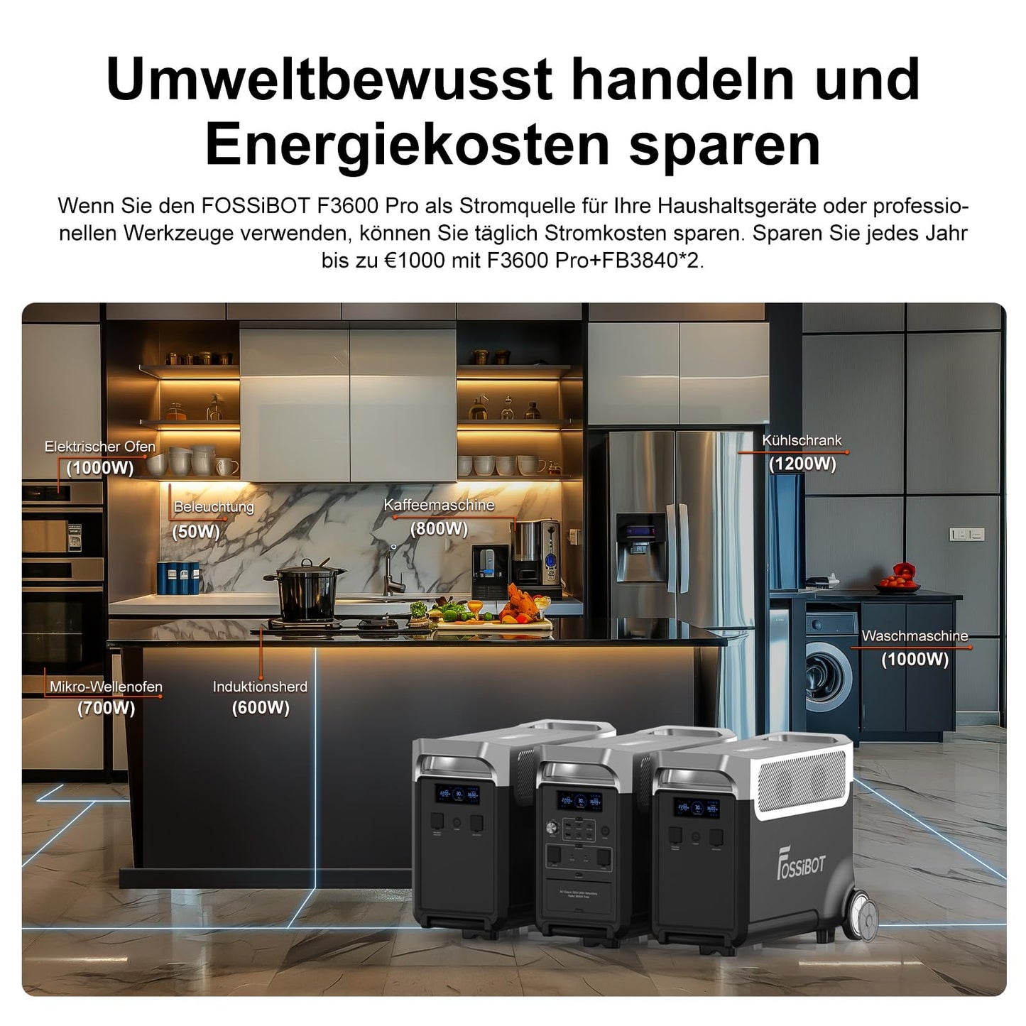 FOSSiBOT F3600 Pro Solargenerator, 3840Wh LiFePO4 Tragbare Powerstation, 3x230V AC Ausgang 3600W (7200W Peak), Stormerzeuger Schnelles Stromspeicher Aufladen Reise Power Station, Outdoor Camping