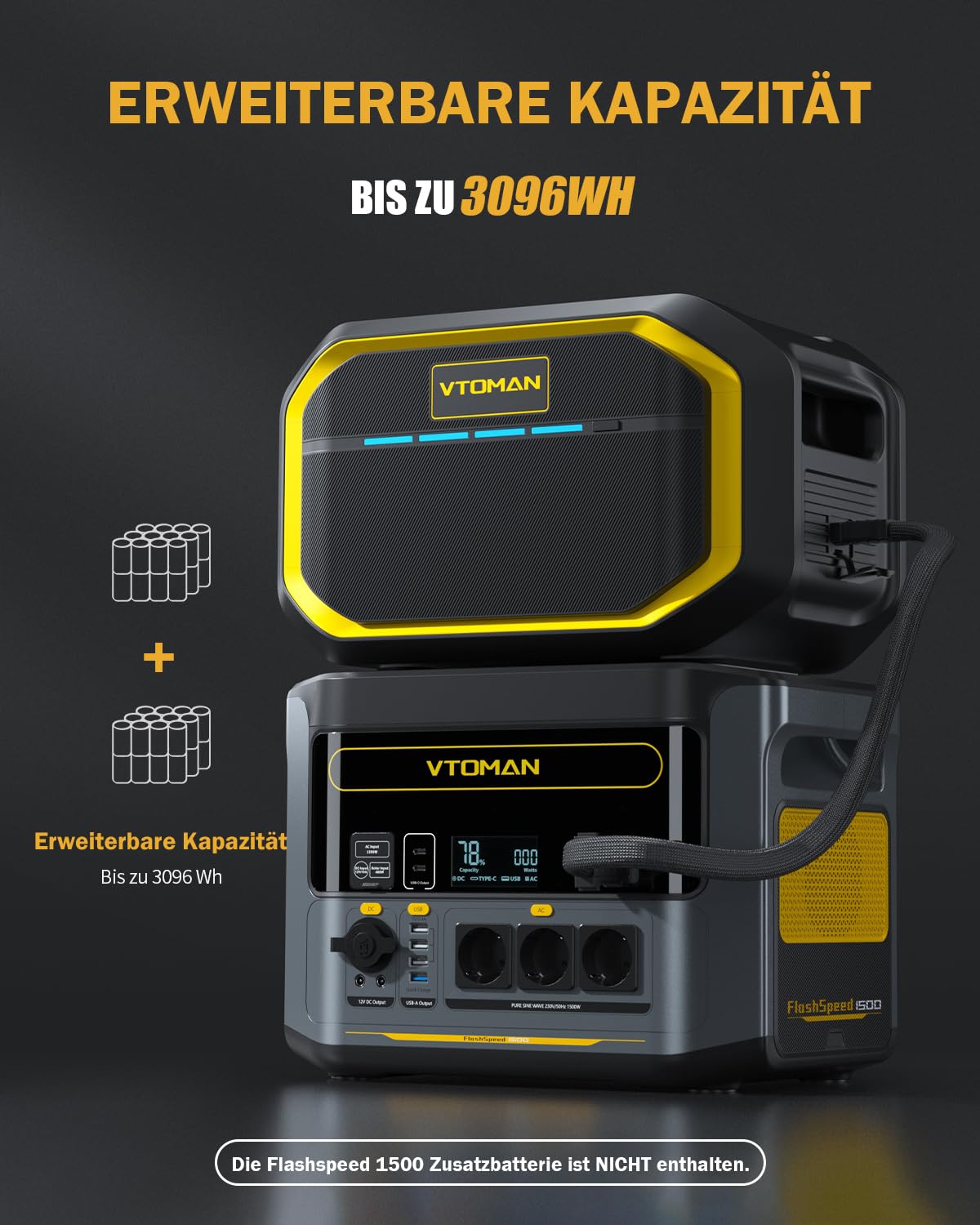 VTOMAN FlashSpeed 1500 Powerstation 1548Wh + 200W Solarpanel, LiFePO4, 1500W AC, 1h Schnellladung, Camping & Zuhause