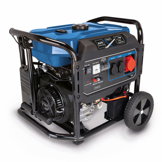 Scheppach SG7100x Benzin Stromgenerator 5400W, 12PS, E-Start, 2×230V/1×400V, 25L Tank, AVR, mit Fahrvorrichtung