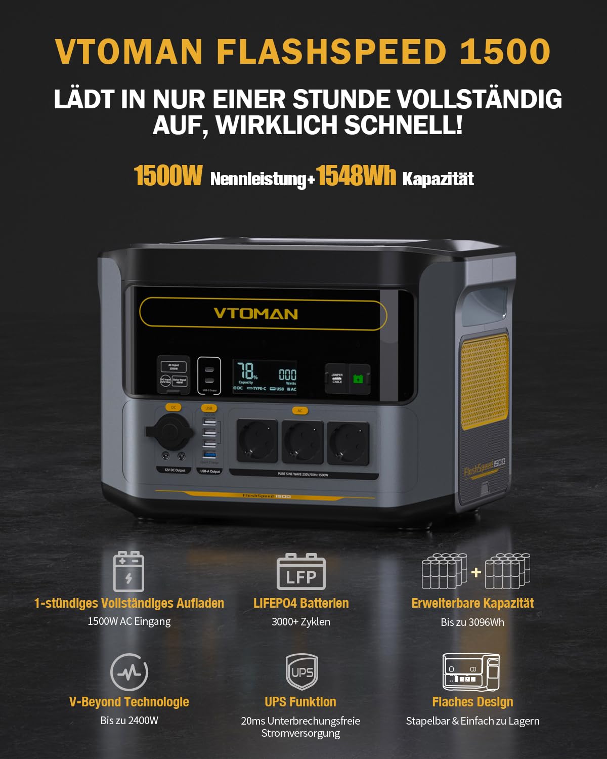 VTOMAN FlashSpeed 1500 Powerstation 1548Wh + 200W Solarpanel, LiFePO4, 1500W AC, 1h Schnellladung, Camping & Zuhause