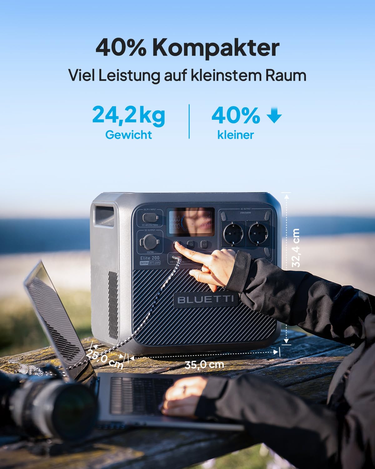 BLUETTI Elite 200 V2 Powerstation 2073Wh LFP mit Charger 1, 2×2600W AC, 560W Autoladung, ideal für Reisen & Notstrom