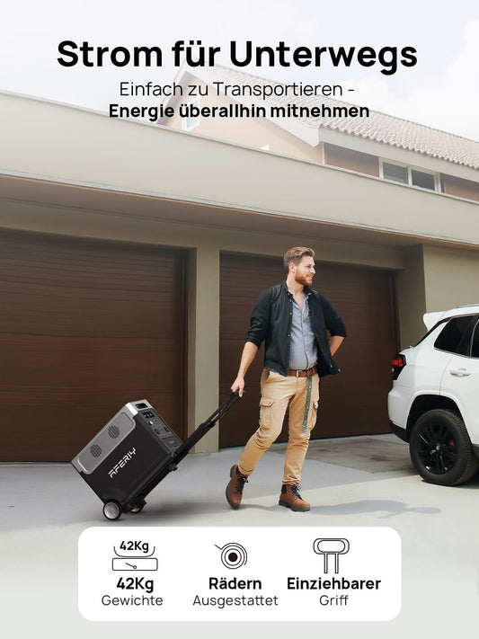 AFERIY 3600W Solargenerator 3840Wh LiFePO4 Powerstation – 3×230V AC, USV, 2200W Schnellladung, tragbar für Camping & Reisen