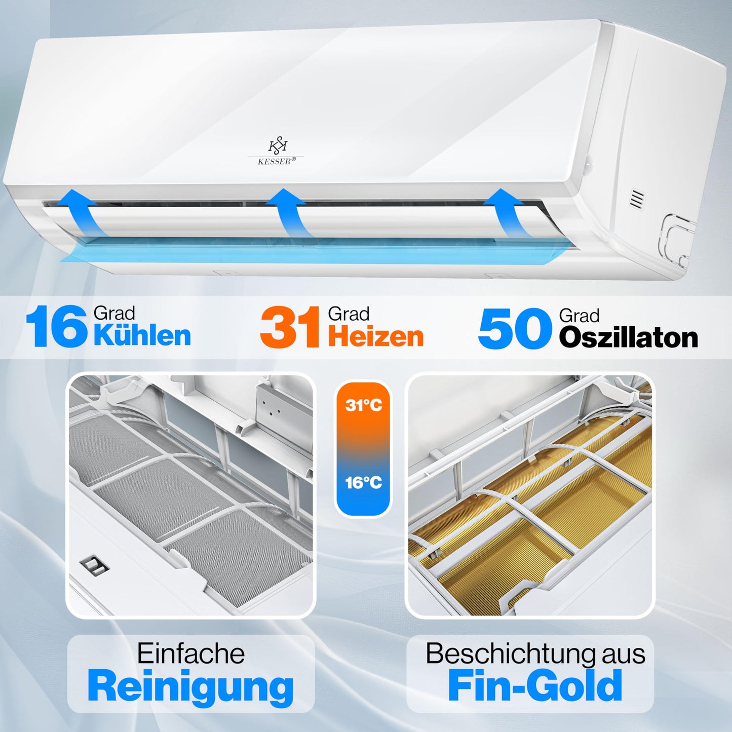 KESSER® Split-Klimaanlage 12000 BTU (3,4 kW), A++/A+, WiFi/App, R32, mit Fernbedienung, Timer & komplettem Montagematerial