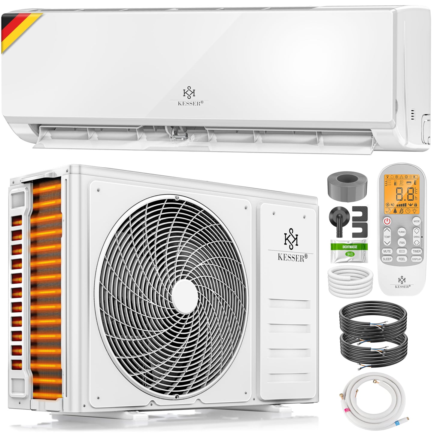 KESSER® Split-Klimaanlage 12000 BTU (3,4 kW), A++/A+, WiFi/App, R32, mit Fernbedienung, Timer & komplettem Montagematerial