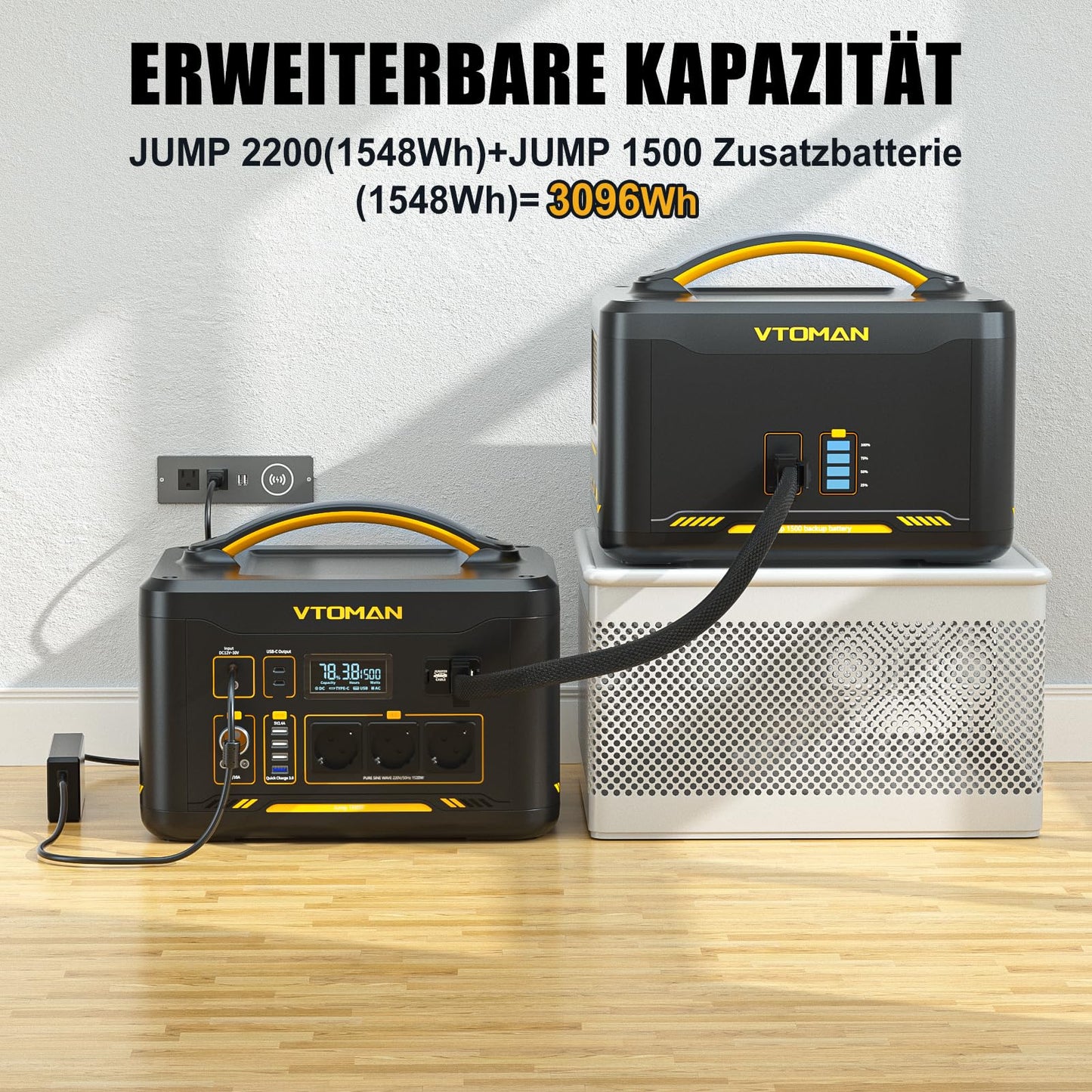 VTOMAN Jump 2200 Powerstation 1548Wh/2200W + 110W Solarpanel, LiFePO4, erweiterbar 3096Wh, Camping & Notstrom