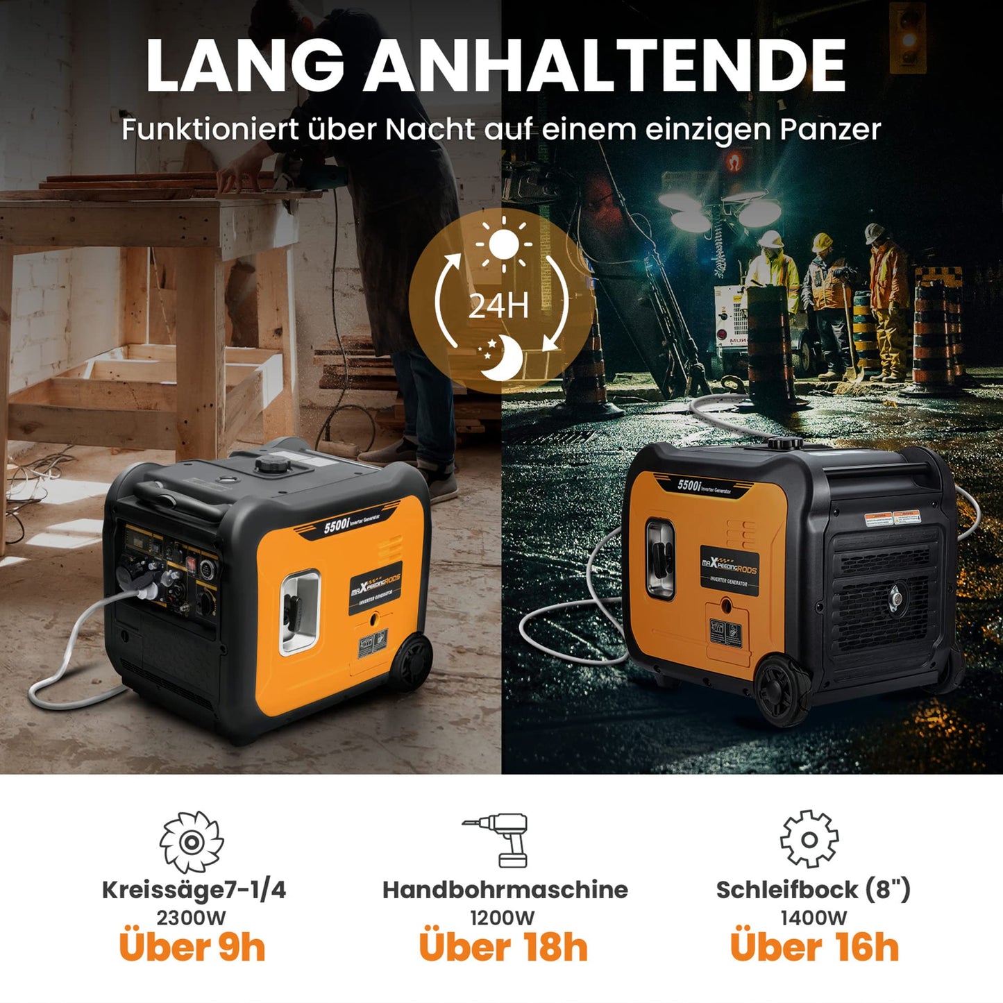 maXpeedingrods 5500W Inverter Stromerzeuger, Benzin, leise, 7,4PS, mit Fernbedienung, 230V & USB, Notstrom & Baustelle