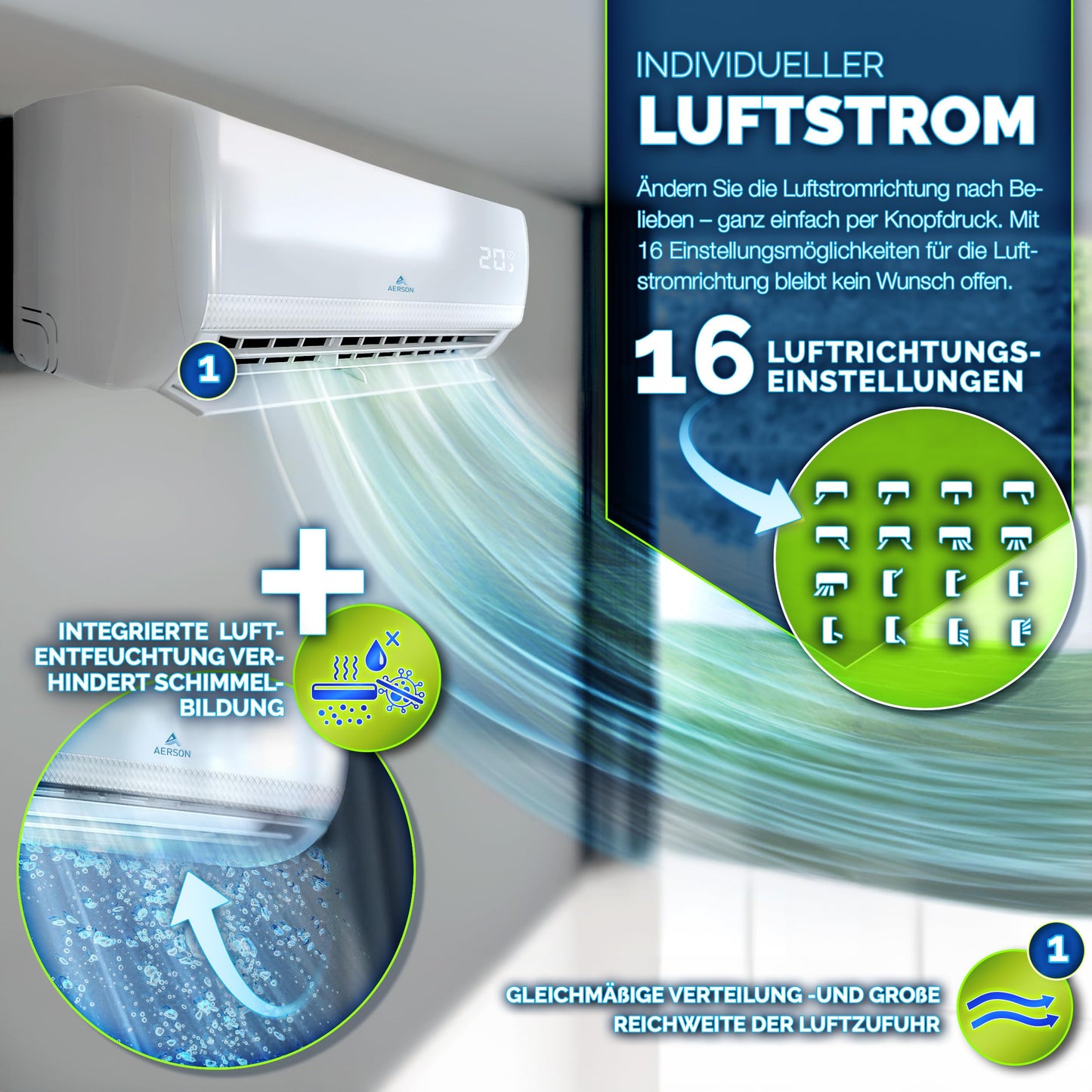 AERSON® Split-Klimaanlage 12000 BTU (3,5 kW), A++/A+, WiFi/App, R32, Wandgerät mit Fernbedienung, Timer & komplettem Montagematerial
